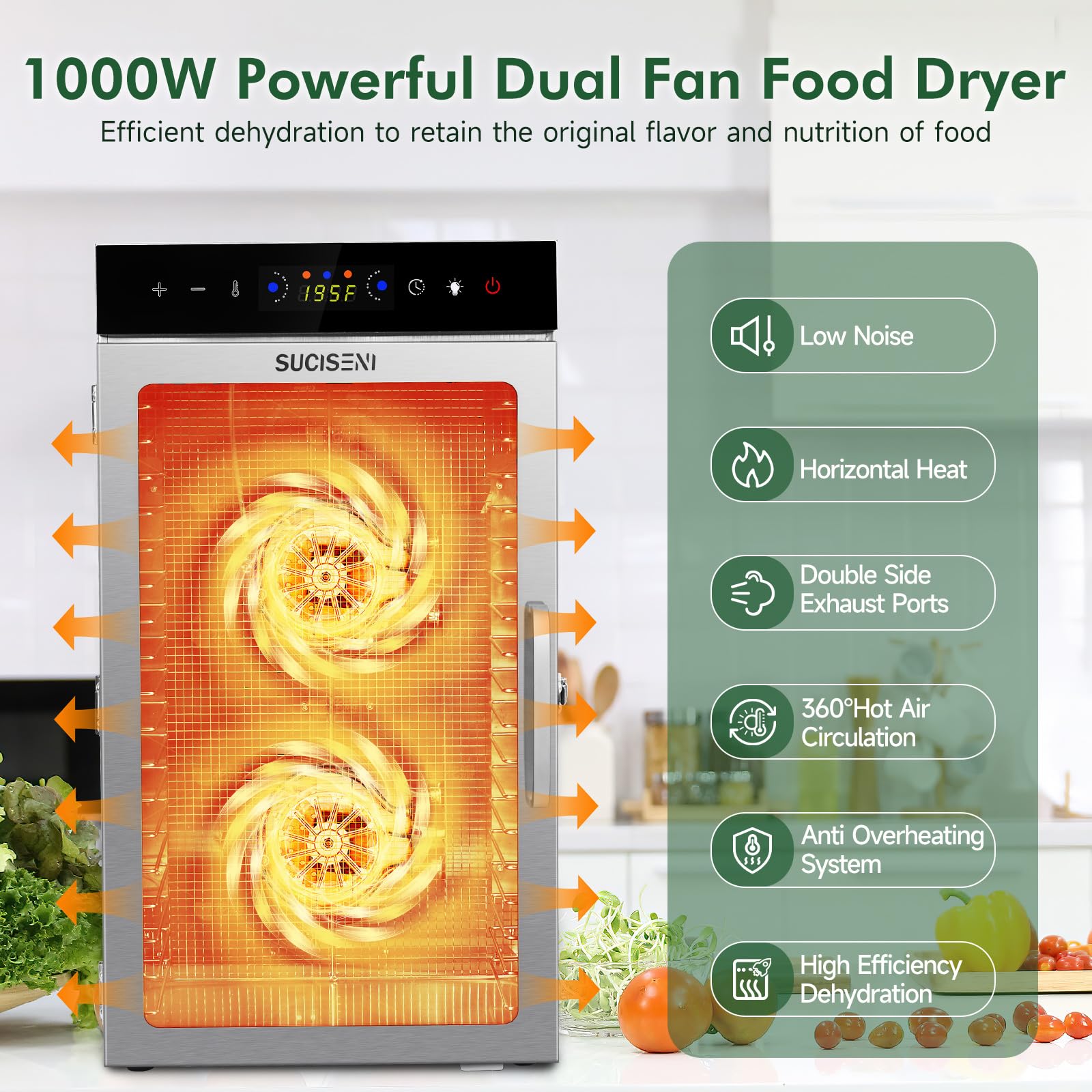 Máquina deshidratadora de alimentos, 18 bandejas de acero inoxidable de 1000 W, deshidratadora de alimentos comercial con temporizador digital de 24 horas, control de temperatura, secador de alimentos