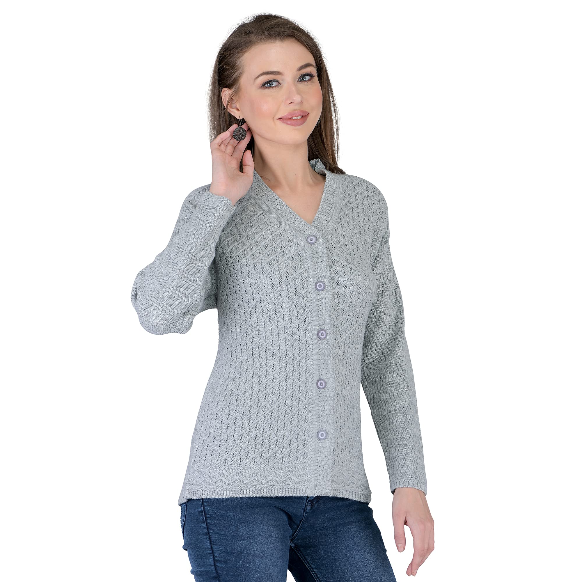 lady willington Women Woolen V-Neck Self Design Cardigan Heavy Daffodil Fabric Cardigan Winter Wear Pure Wool Cardigan for Women Free Size Long Cotty Fully Warm Cardigans (2XL, Grey)-picture-21