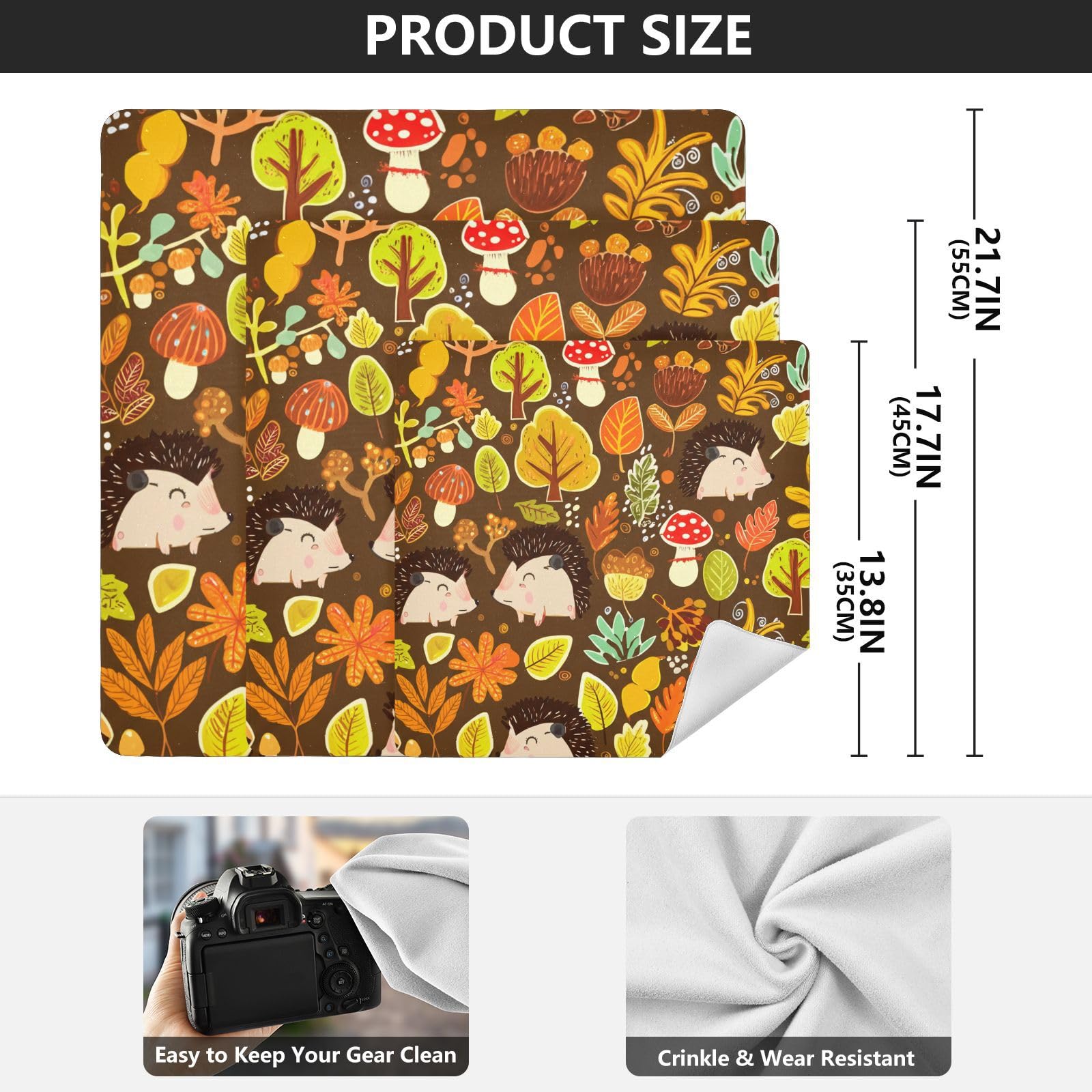 ODAWA Cute Cartoon Hedgehogs Self Adhesive Cloth 13.8X13.8 Inch Cosmetic Bag Magic Cloth Lightweight Foldable Wrapper for Camera Accessories