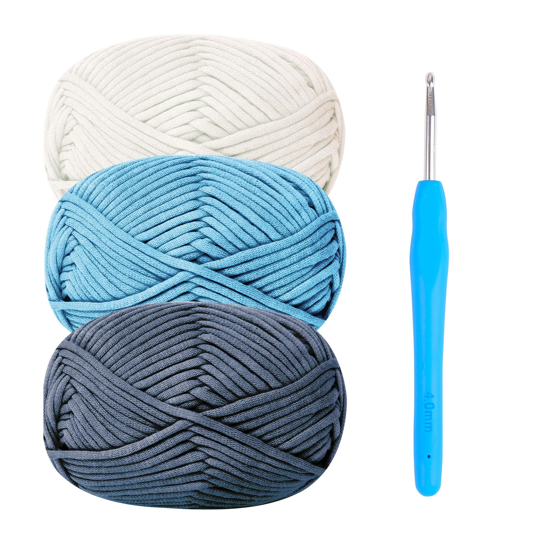 Chunky Cotton Yarn for Beginners - Thick Wool 3x50g Amigurumi Yarn with 4mm Crochet Hook, Easy Starter Kit in Blue