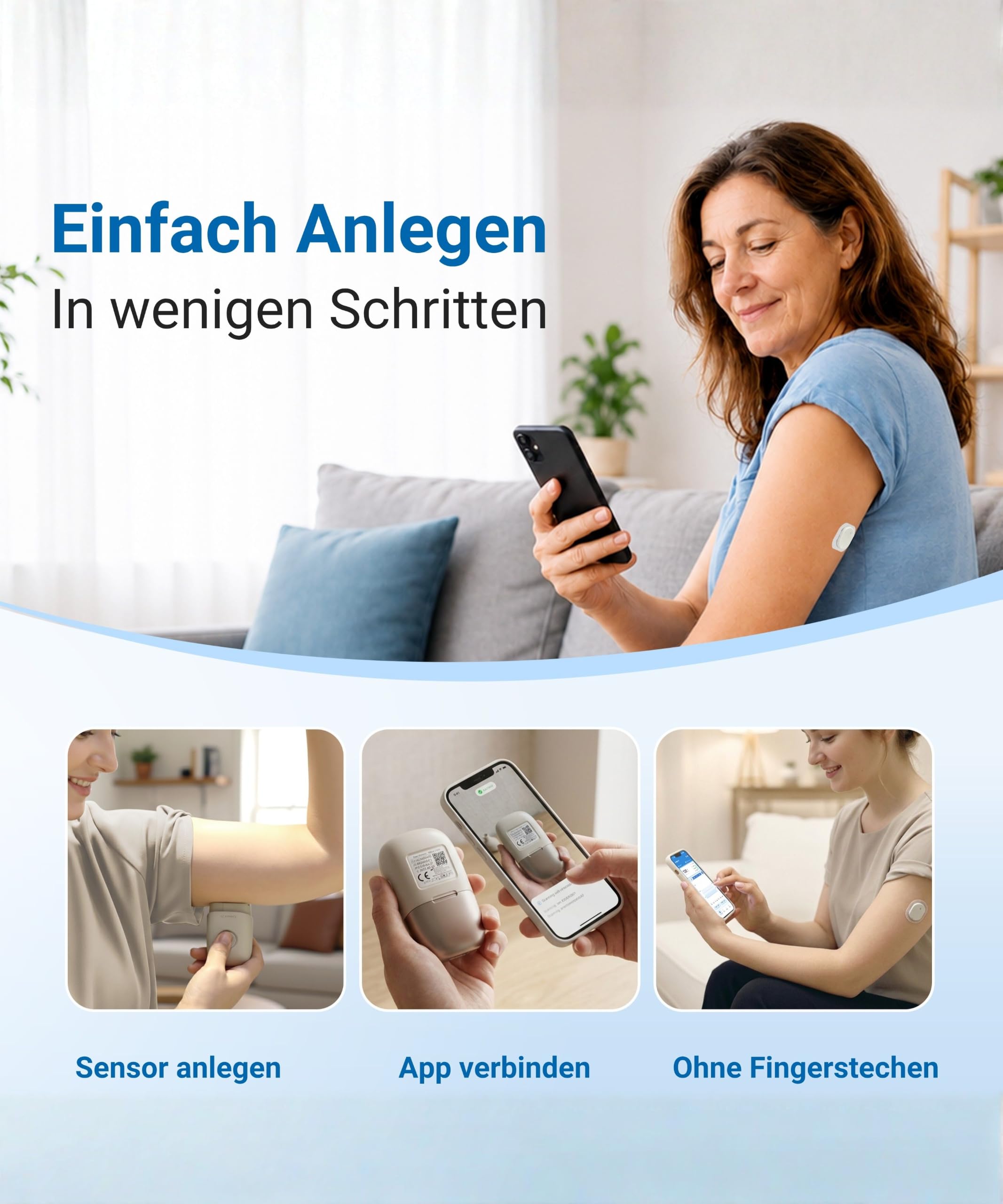 Sensore CGM Connect 21 – Misuratore di glicemia senza punture | 21 Giorni | 8,2% MARD | Impermeabile IP58 | App Bluetooth | CE 2797 | 1 Sensore con applicatore