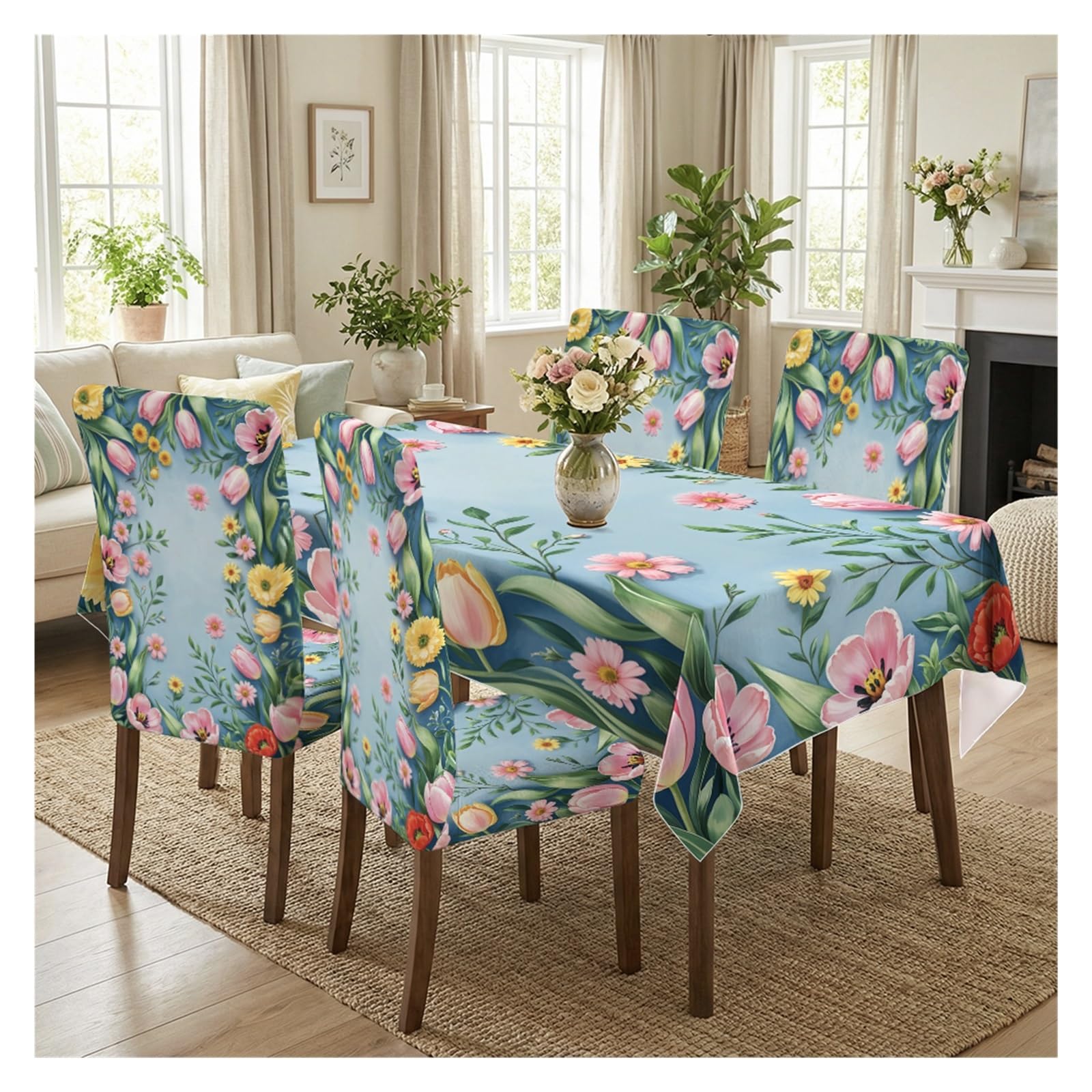 BOSUYBN Light Blue Base Tulip & Mixed Spring Floral Print Dining Tablecloth & Chair Covers Set, 5/7 Piece Elegant Romantic Cottage Dining Decor Table Setting(5pcs Set: Tablecloth+Chair Covers)