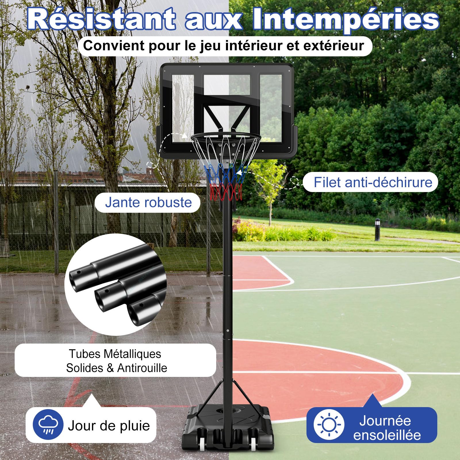 COSTWAY Panier de Basket-Ball Hauteur Réglable 145-305cm, Support de Basket Portable à roulettes avec Base Remplissable Sac de Poids Panneau Arrière de 111 cm, pour Enfants Adultes