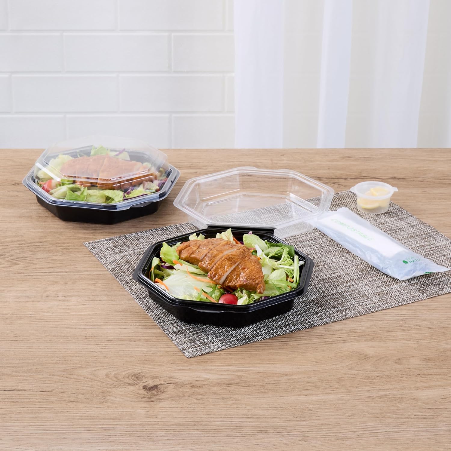 Restaurantware Take Out Containers 100 Pack of 7.48 x 7.48 x 2.36 Inches Octagon Leak-Resistant Food Containers Clear Lid Black Plastic Meal Prep Box