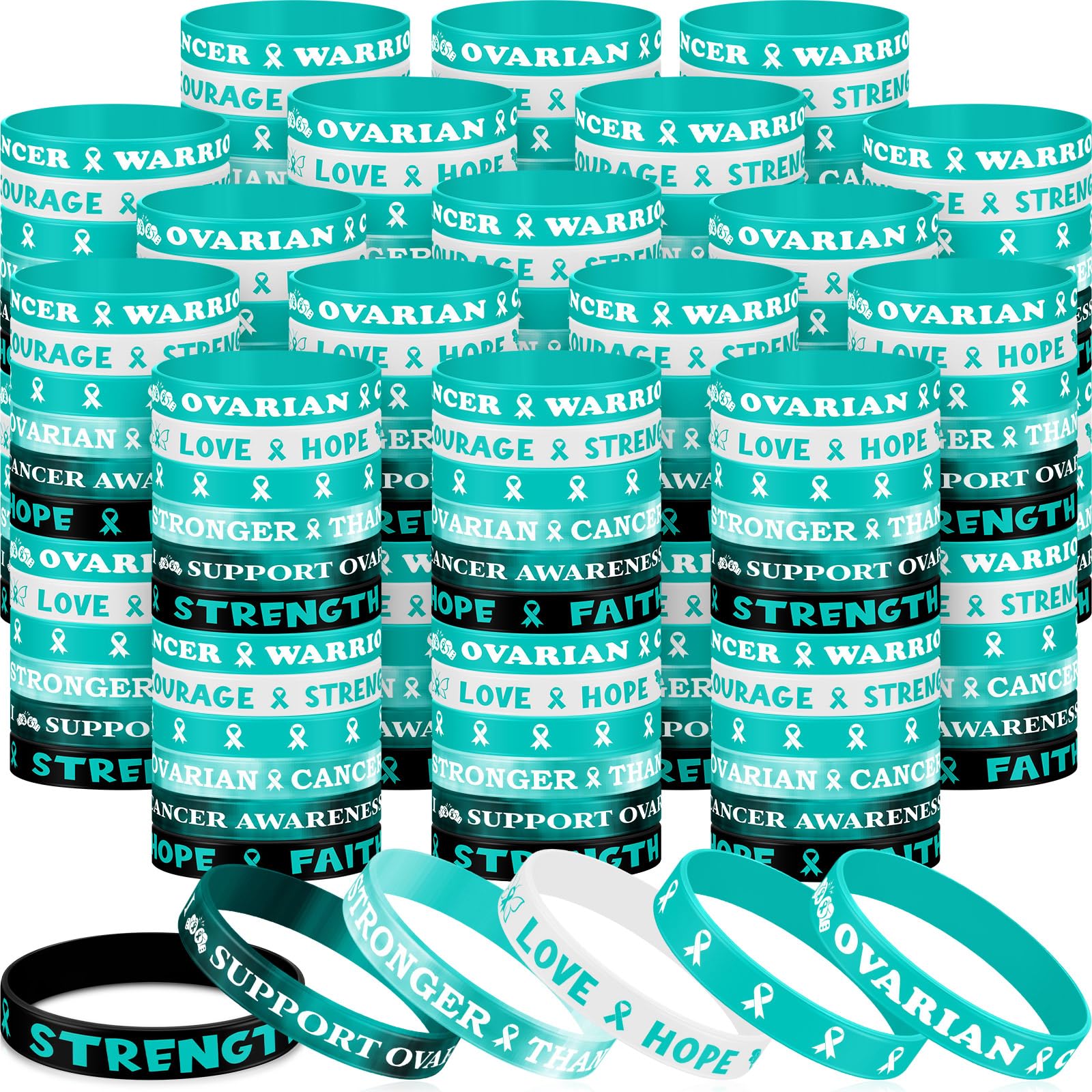 Landical 300 Pcs Ovarian Cancer Awareness Silicone Bracelets Teal Ribbon Motivational Rubber Wristbands Colored Ovarian Cancer Awareness Wristbands for Event Support Charity Supplies Favor