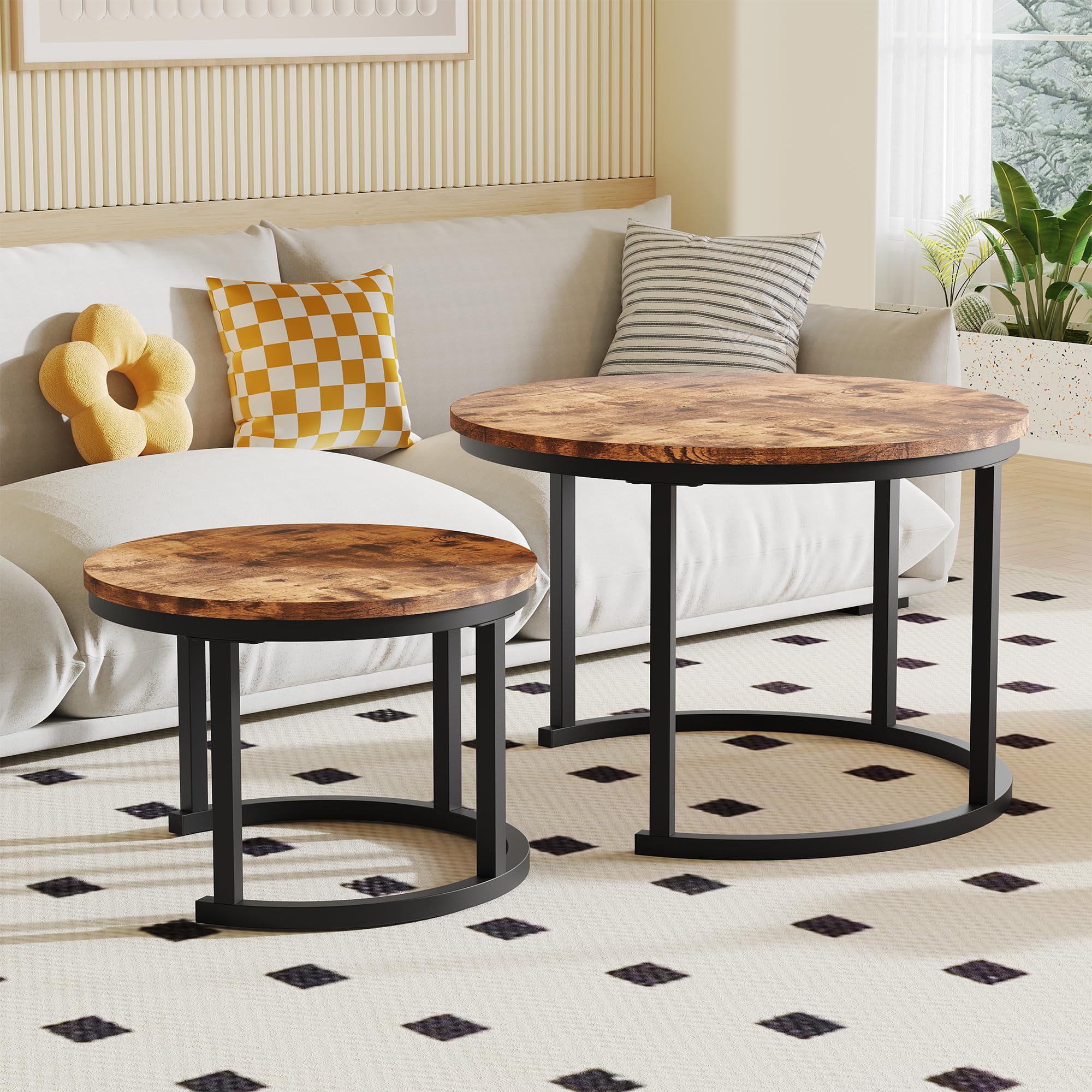 HOMERECOMMEND Juego de 2 mesas de centro redondas, color marrón rústico | Mesa de sofá moderna con estructura de metal negro,Mesa de centro de roble, mesa auxiliar nido para sala de estar