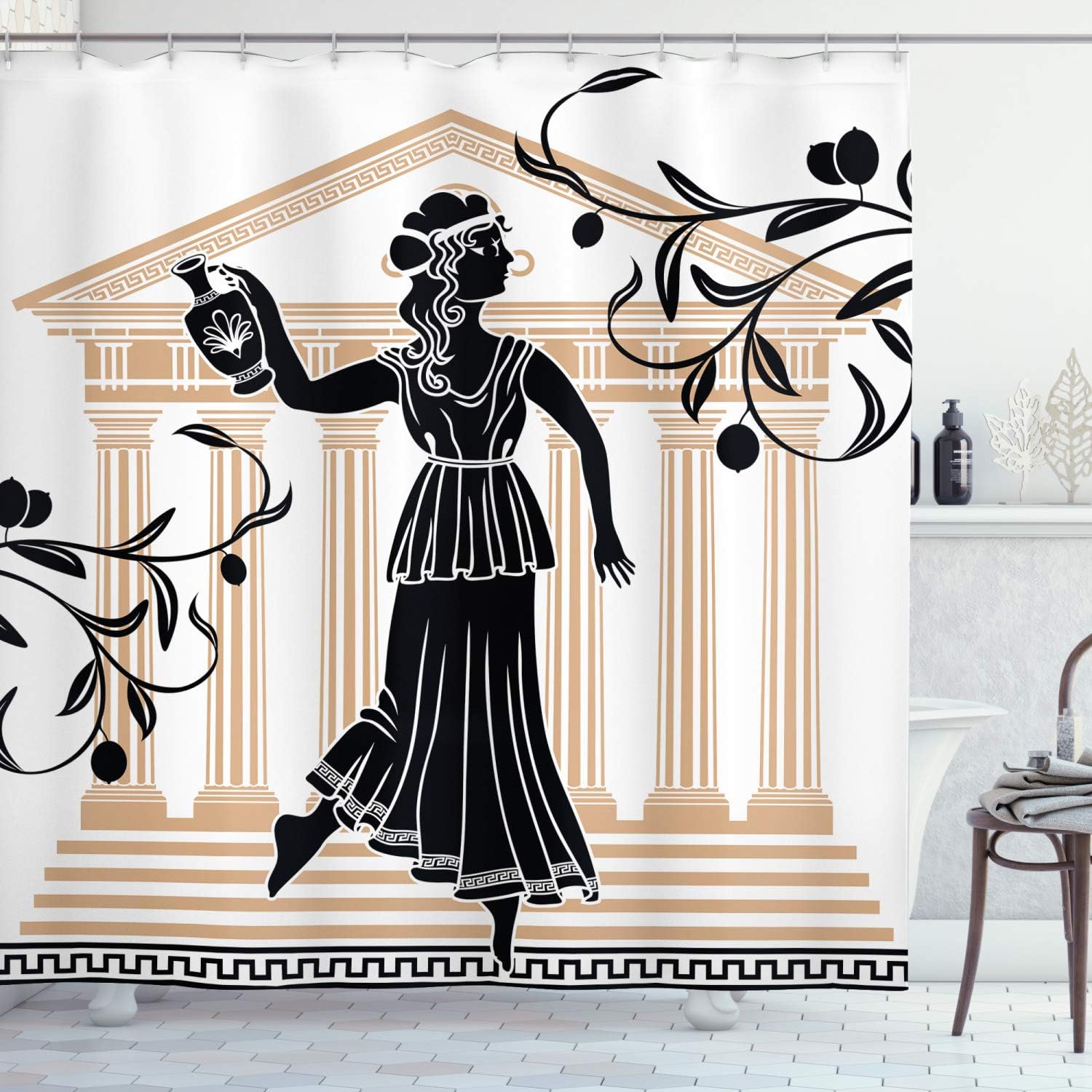 Ambesonne Retro Shower Curtain, Greek Woman with Amphora Building and Olive Branches Culture Folk Pattern, Cloth Fabric Bathroom Decor Set with Hooks, 69" W x 75" L, Brown Black