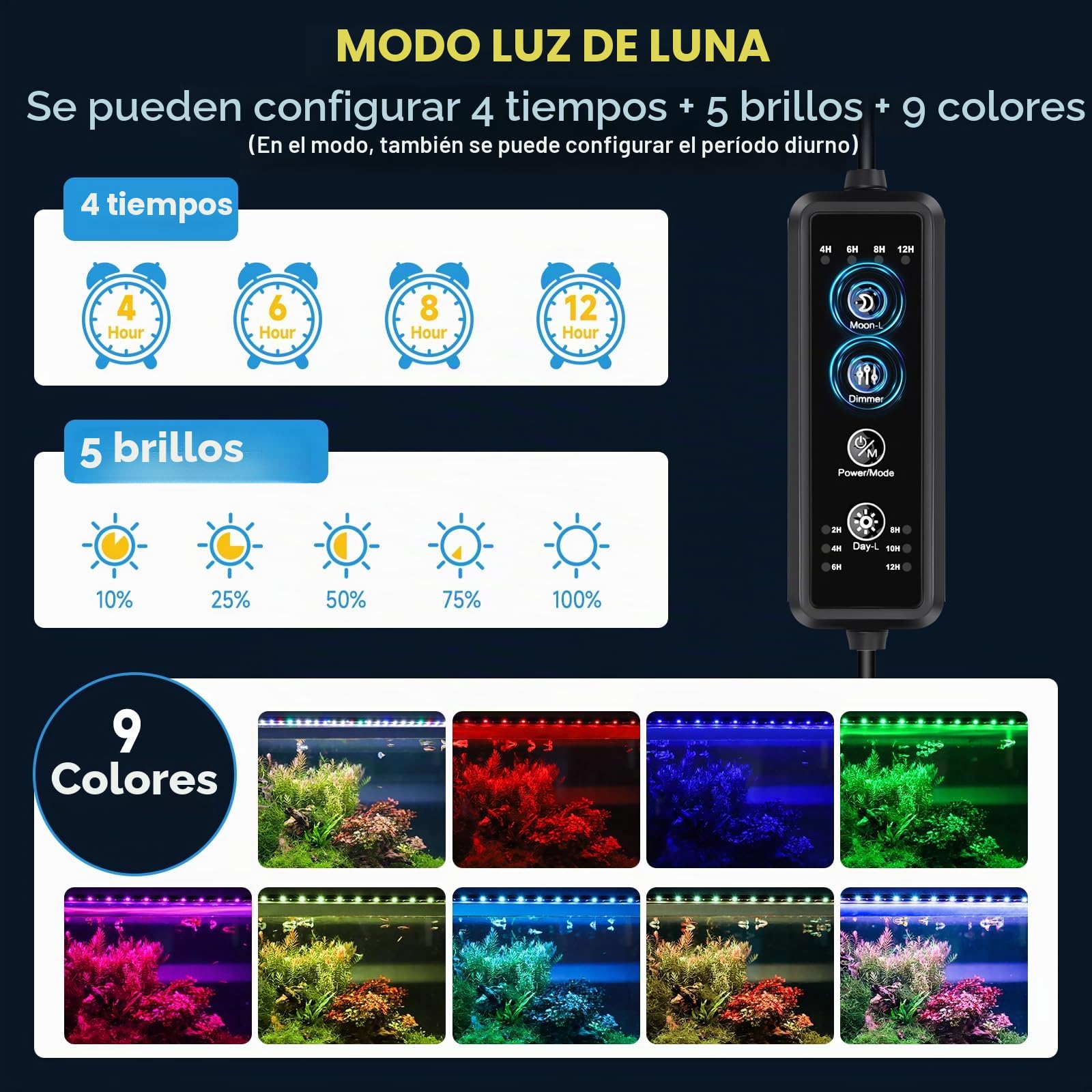 Hygger 40W Lampara Aquarium, Day-Night Dual Timer LED Luz Acuario, Iluminación para Acuario Adjustable Timer Brightness 9 Colors Fish Tank Light de 90-120cm Tanks