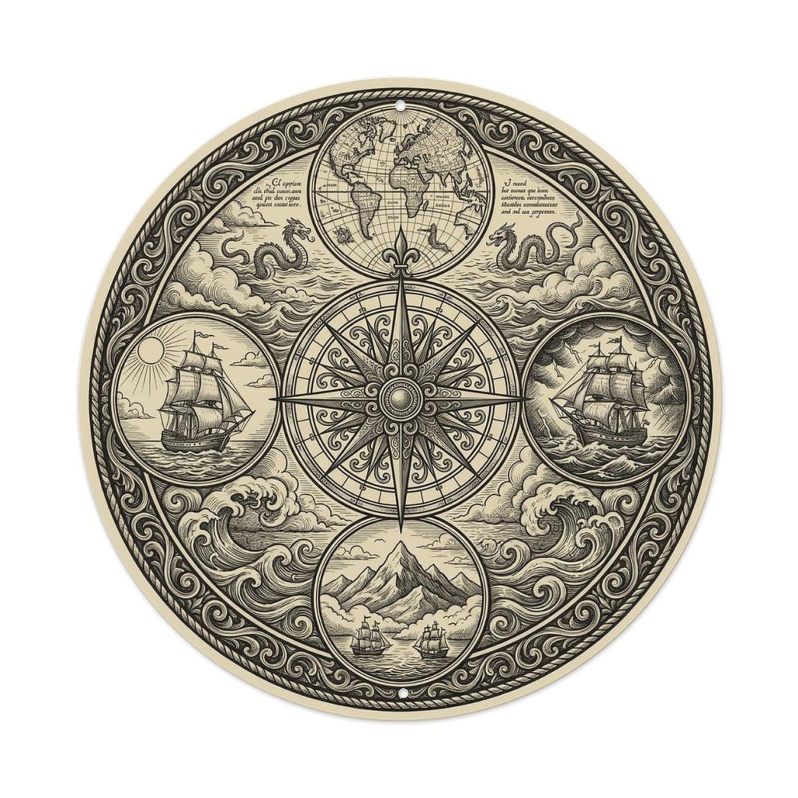 Vintage Nautical Compass World Map Cruising Legacy Metal Tin Sign