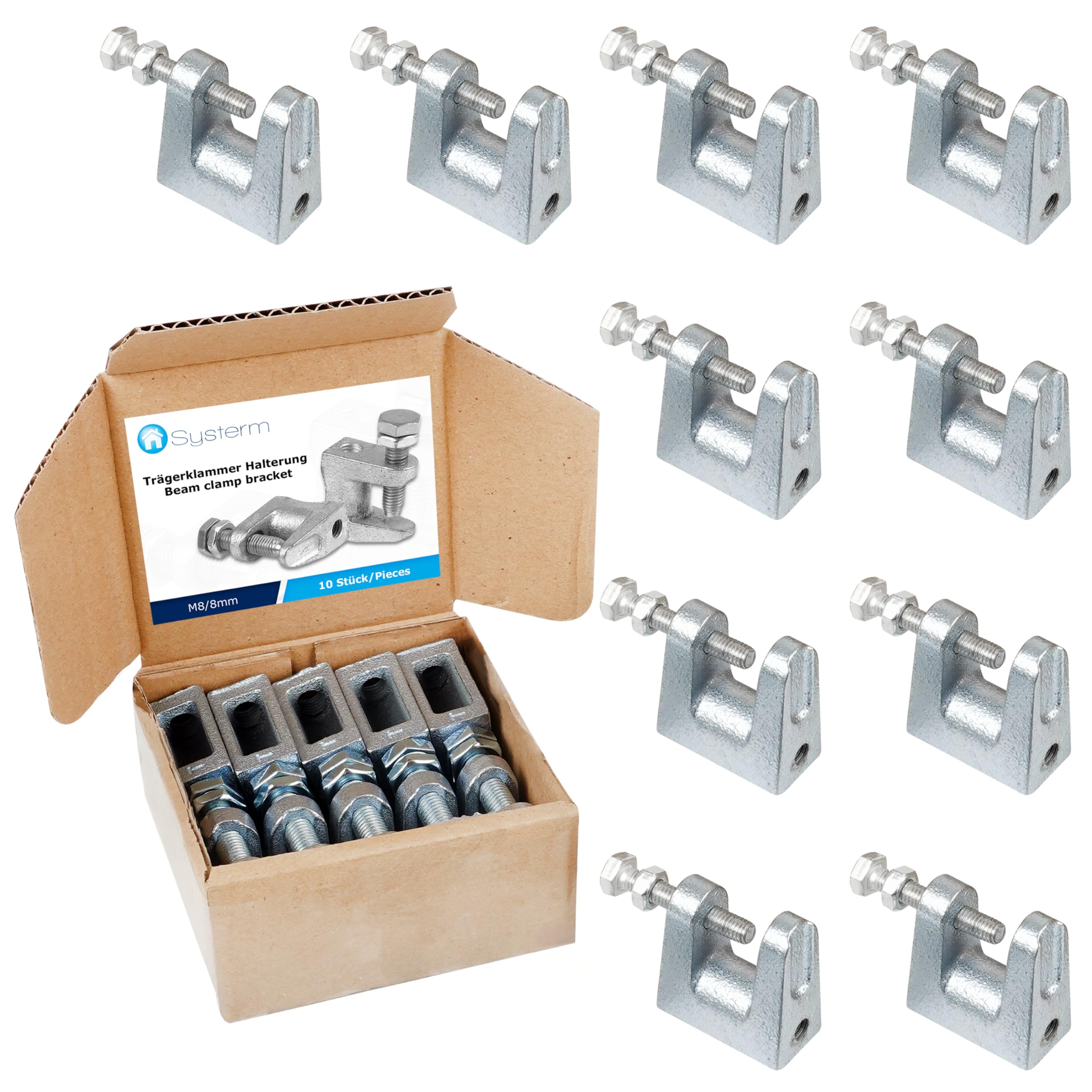 Systerm Silver Beam Clamps Bracket. Galvanized Steel Bracket For Ventilation And Other Systems. M8 (8Mm). Set Of 10 Pieces.
