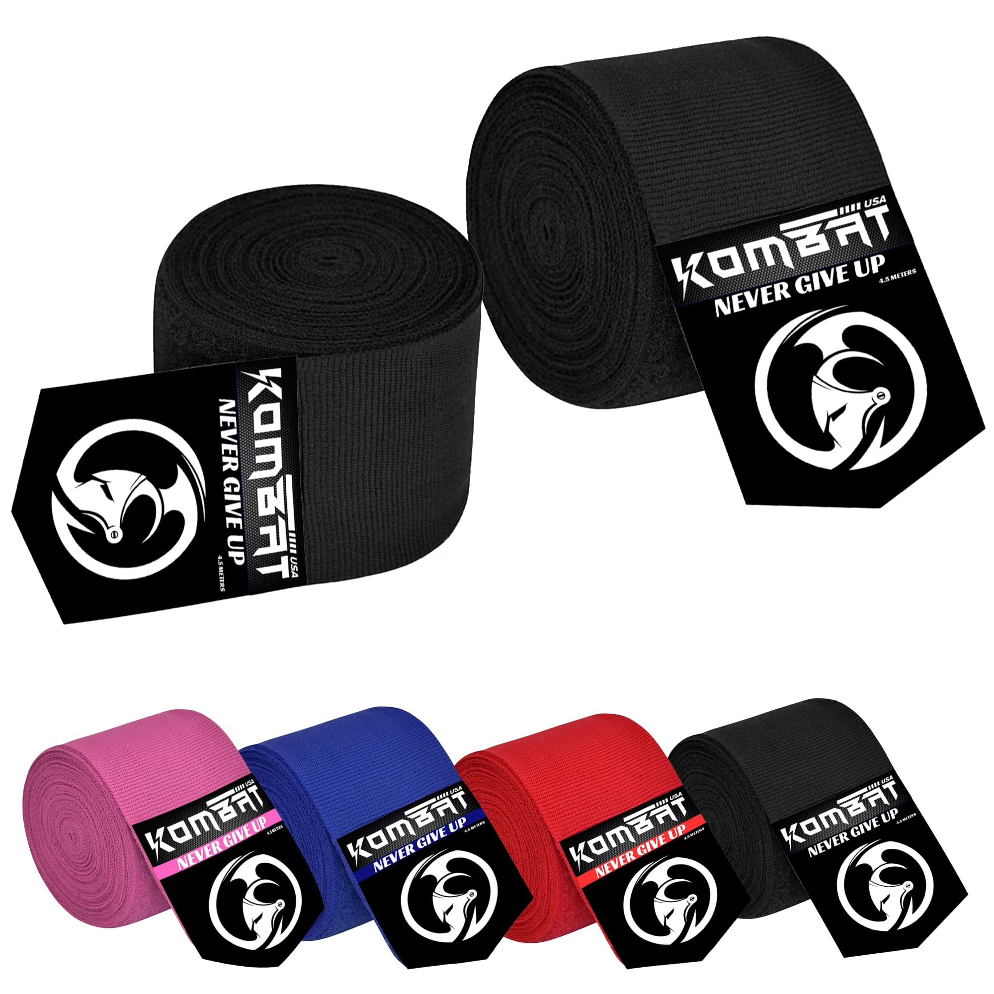 KOMBAT USA 180" Boxing Wraps for Men & Women – Hand Wraps for Boxing Gloves, Muay Thai Wraps, Vendas para Boxeo, Thumb Loop, MMA & Kickboxing Hand Wraps Boxing Training Gear Black