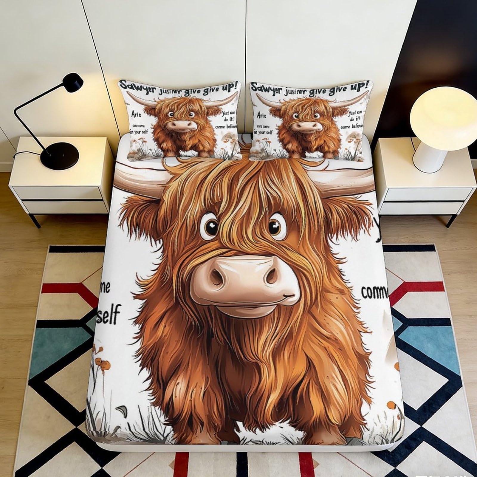 Pnayamiorkfel Style-1 3D Printed Highland Cow Fitted Sheet Microfiber Animal Cartoon Bed Cover For Bedroom Guest Room Dorm Mattress Decor 90X200x25cm
