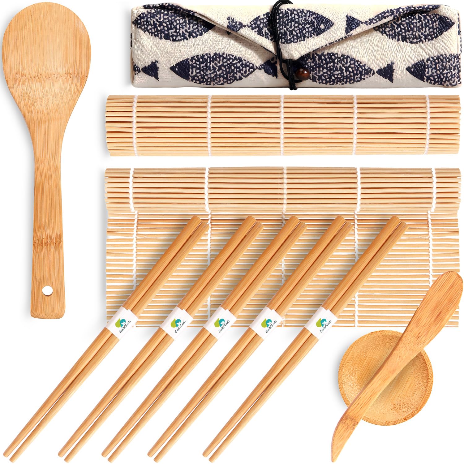 No Plastic Bamboo Sushi Making Kit, Sushi Roller, 2 Bamboo Sushi Rolling Mats, 5 Pairs Chopsticks, Sauce Dish, Rice Paddle - Natural Sushi Maker Set for Beginners DIY Sushi at Home