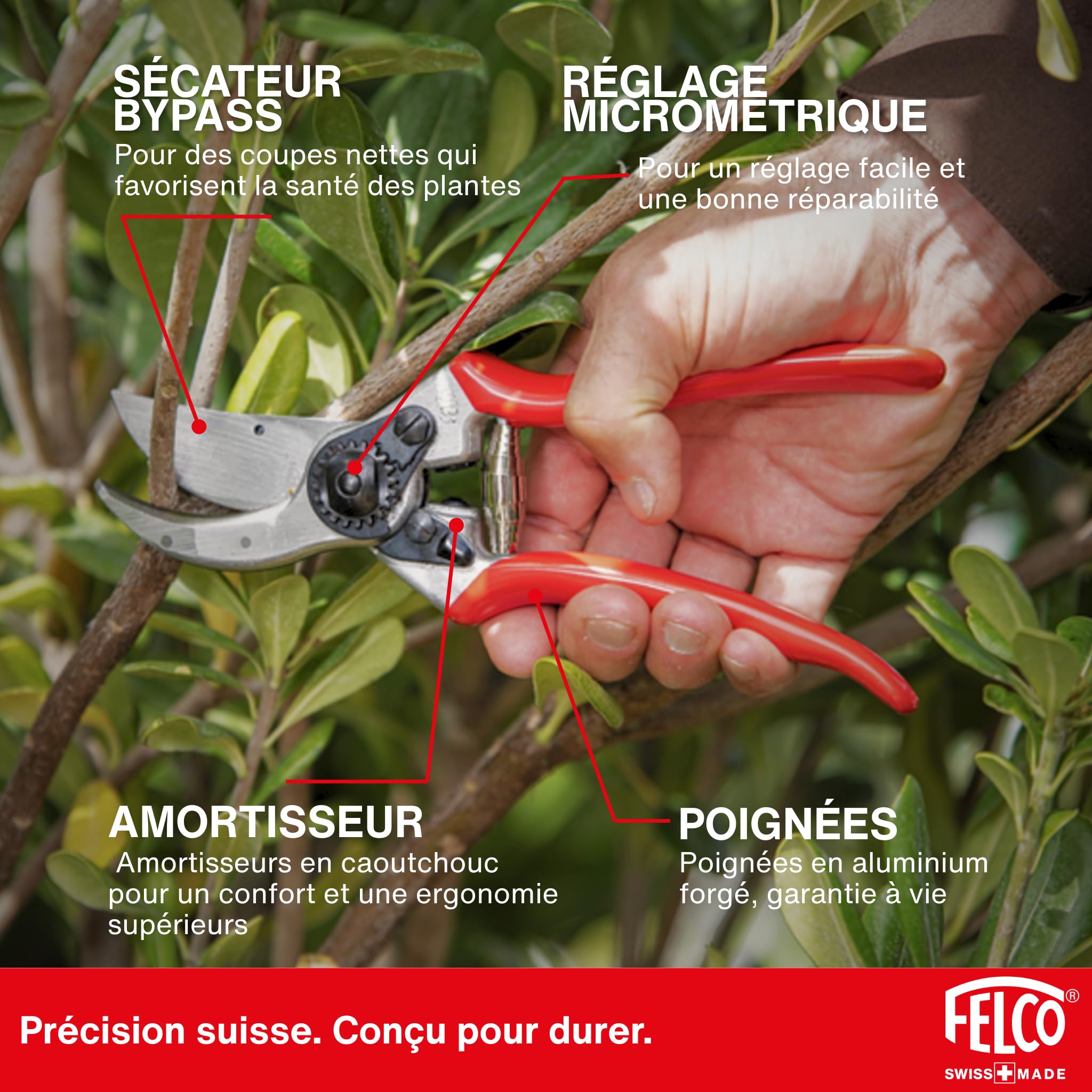 FELCO 2 sécateur bypass professionnel droitier, lame acier trempé 41 mm, poignées aluminium forgé, outil de taille robuste pour main moyenne à grande, coupe nette 25 mm, fabrication suisse