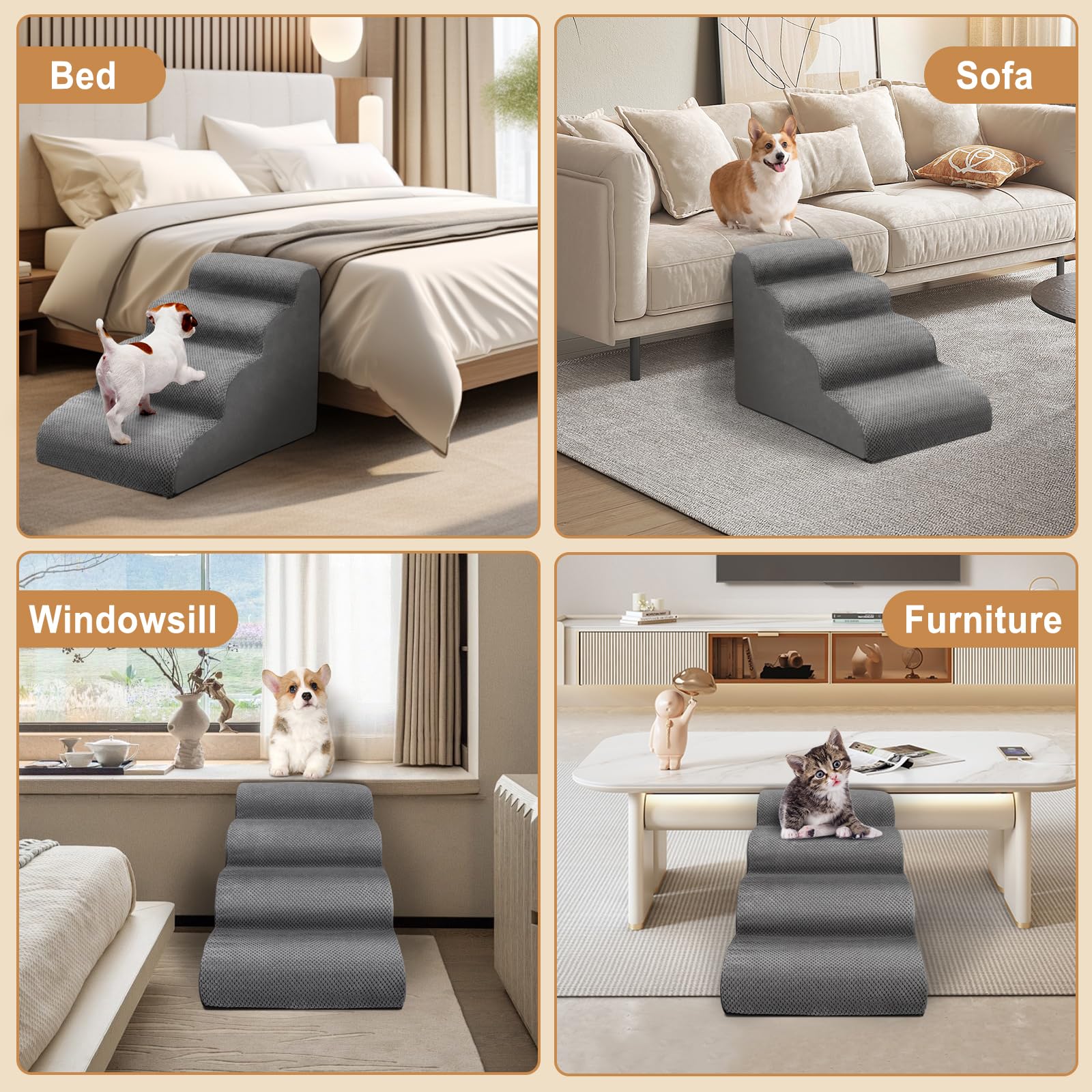 Scaletta per Cani 4 Gradini, Scale per Animali Domestici, Rampa con Copertura Rimovibile, per Divano e Letto, Piccola Taglia con Rullo Rimuovipeli