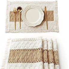 Boho Placemats and Cork Coasters Pack of 4,Natural Cotton Burlap Place Mats and Cork Coasters, Macrame Table Decor Dining Table Home Kitchen Décor for Party,Birthday,Anniversary and More