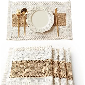 Boho Placemats and Cork Coasters Pack of 4,Natural Cotton Burlap Place Mats and Cork Coasters, Macrame Table Decor Dining Table Home Kitchen Décor for Party,Birthday,Anniversary and More