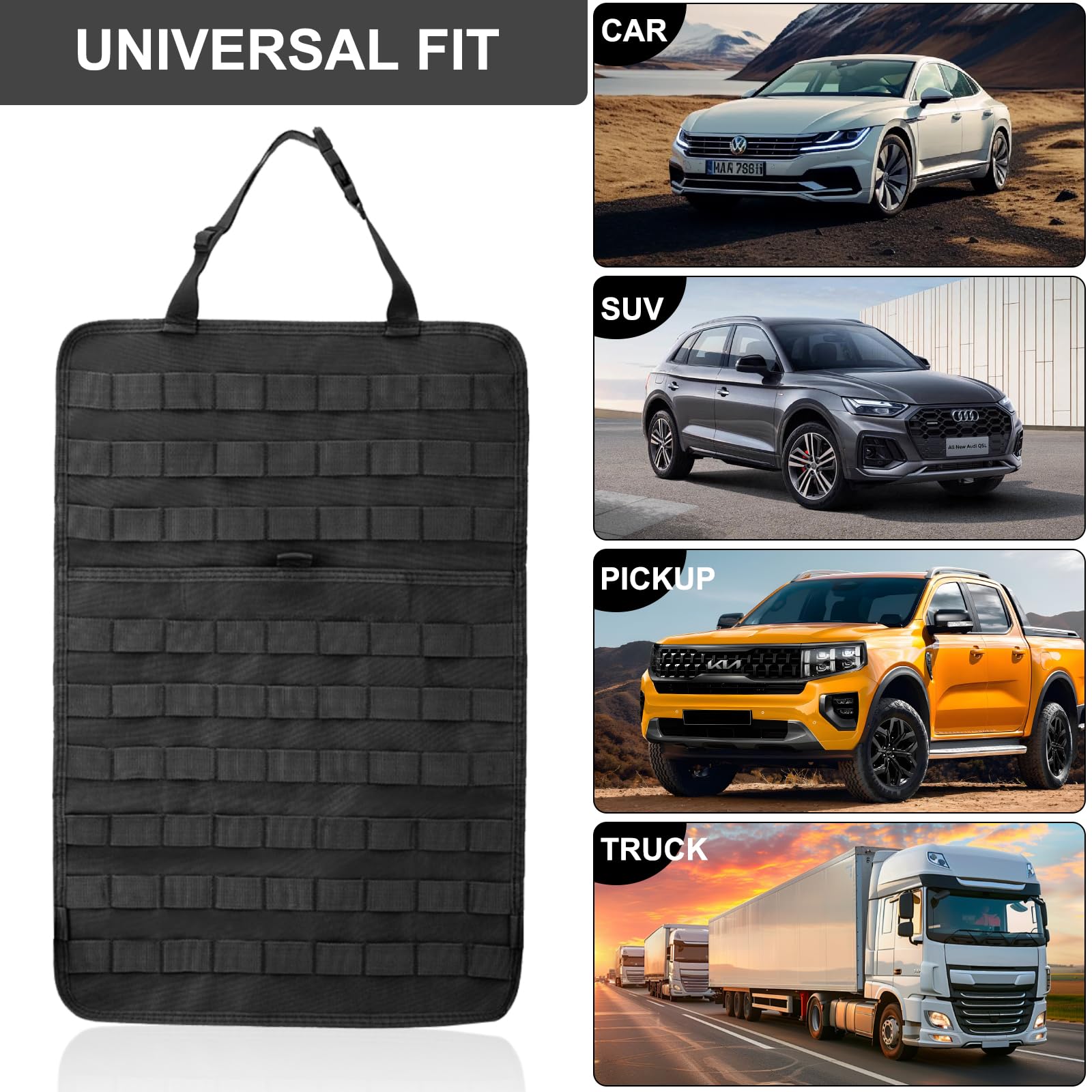 Organizer Tattico per Sedile Auto con 5 Tasche Rimovibili | Nylon 900D, Per Auto e Camion, Cinghie Regolabili, Adattabile a Sedili Anteriori/Posteriori, 45x35x8cm, Nero