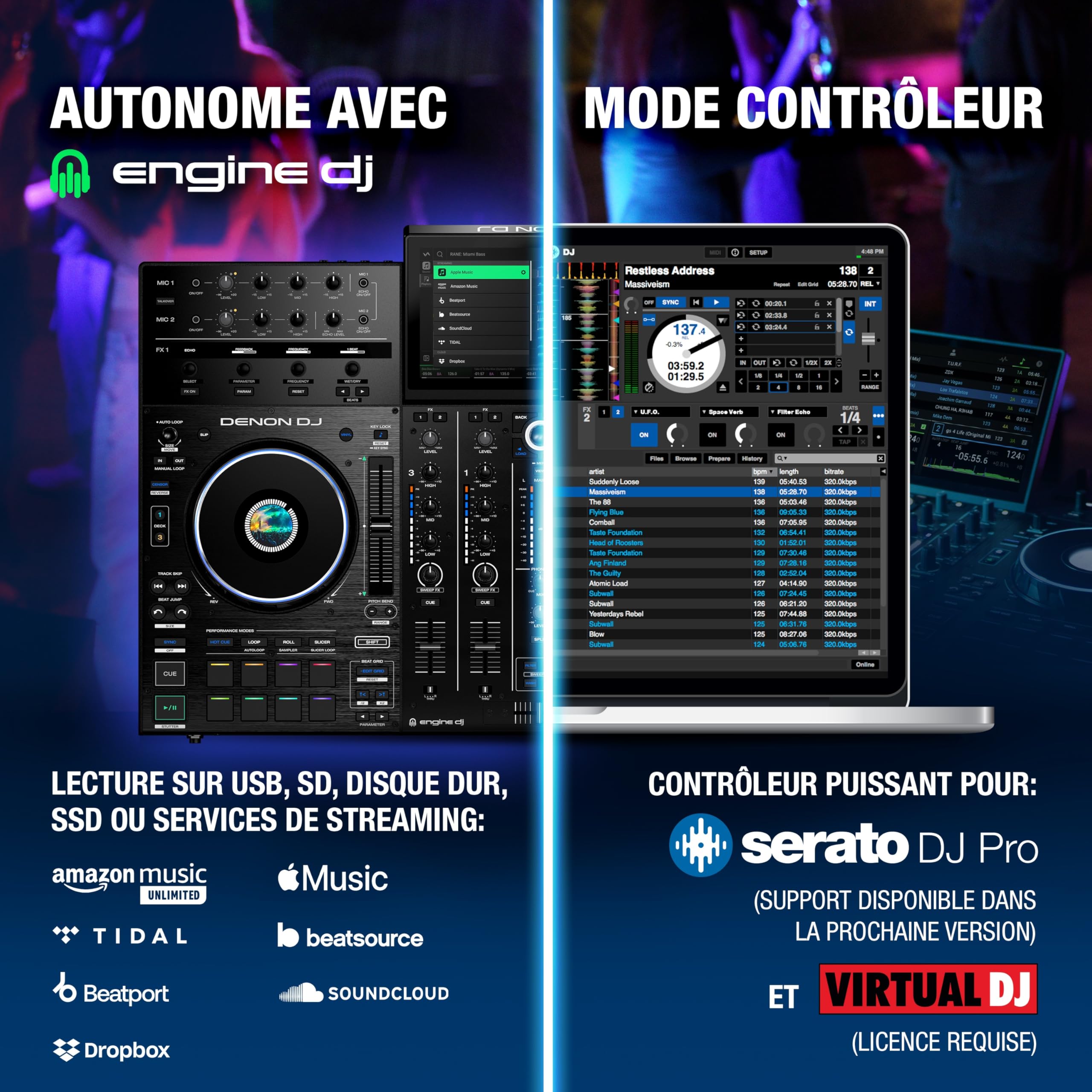 Denon DJ PRIME 4+ Contrôleur DJ Autonome avec Séparation Stem Sur 4 Platines, Streaming Wi-Fi, Drop Sampler, Écran Tactile 10.1", Contrôle Éclairage, Noir
