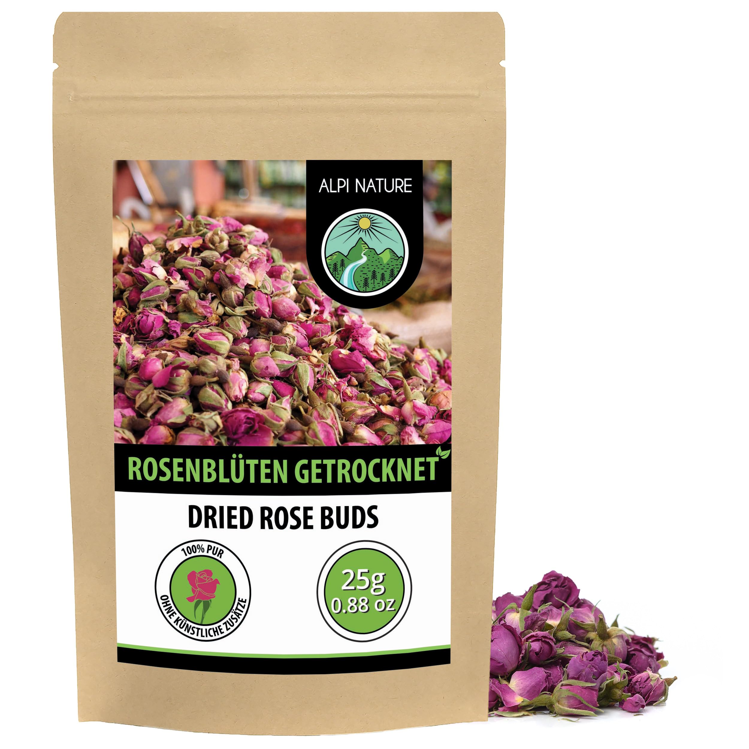 Alpi Nature Rosenblüten getrocknet 25g, Rosenblüten Tee, Rosentee, ganze Rosenknospen getrocknet, Rosen Tee lose