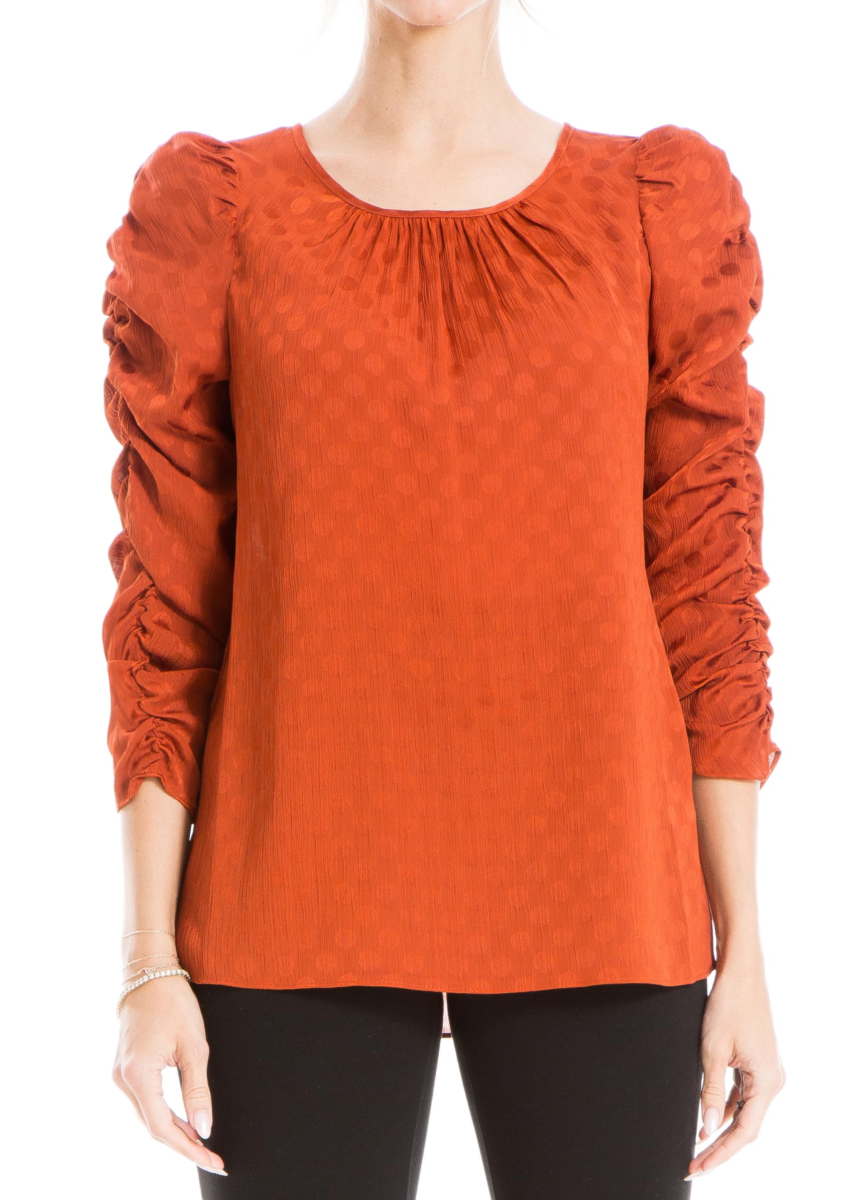 Max Studio Women's Jacquard Shine Dot Ruched Sleeves Blouse