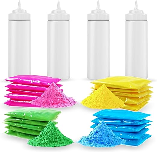 Color Blaze Color Powder Fun Pack - 20 Bags Total (5 Each of Pink, Yellow, Green & Blue) + 4 Squeeze Bottles - Perfect for Snowman Decorating, Color Fight, Photoshoots, Color War, Holi Festival!
