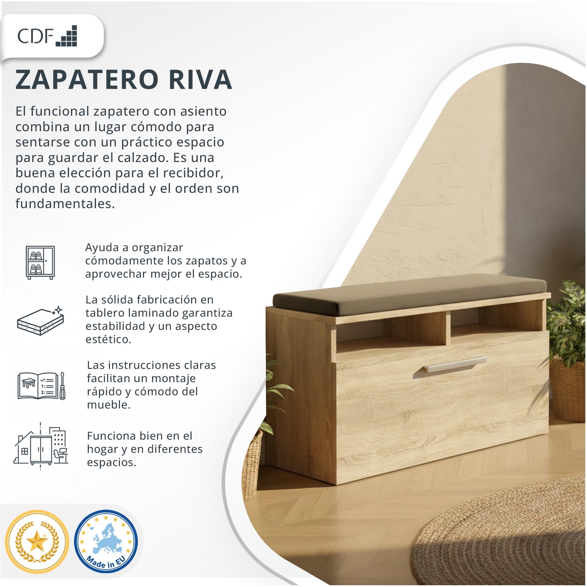 CDF Armario de zapatos Riva | Color: roble Sonoma | Ideal para pasillo, pasillo, oficina | Almacenamiento | Asiento cómodo (cojín) | Moderno | Puerta batiente