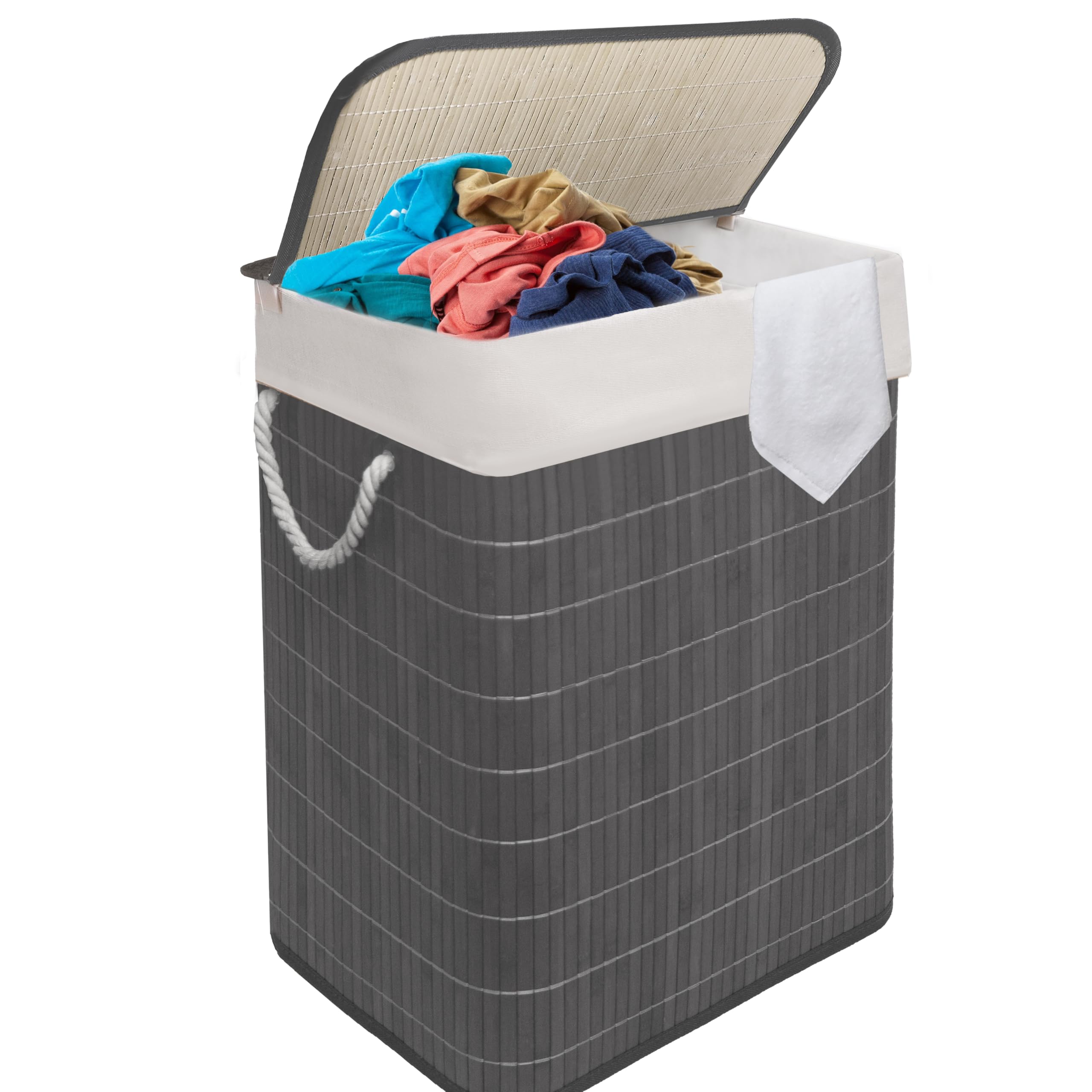 Mantraraj Grey Bamboo Laundry Basket 105L 2 Divider Laundry Hamper With Lid Foldable Laundry Bin With 2 Compartments For Light And Dark Clothes Removable & Washable Liner Bag For Bedroom & Bathroom (Grey)