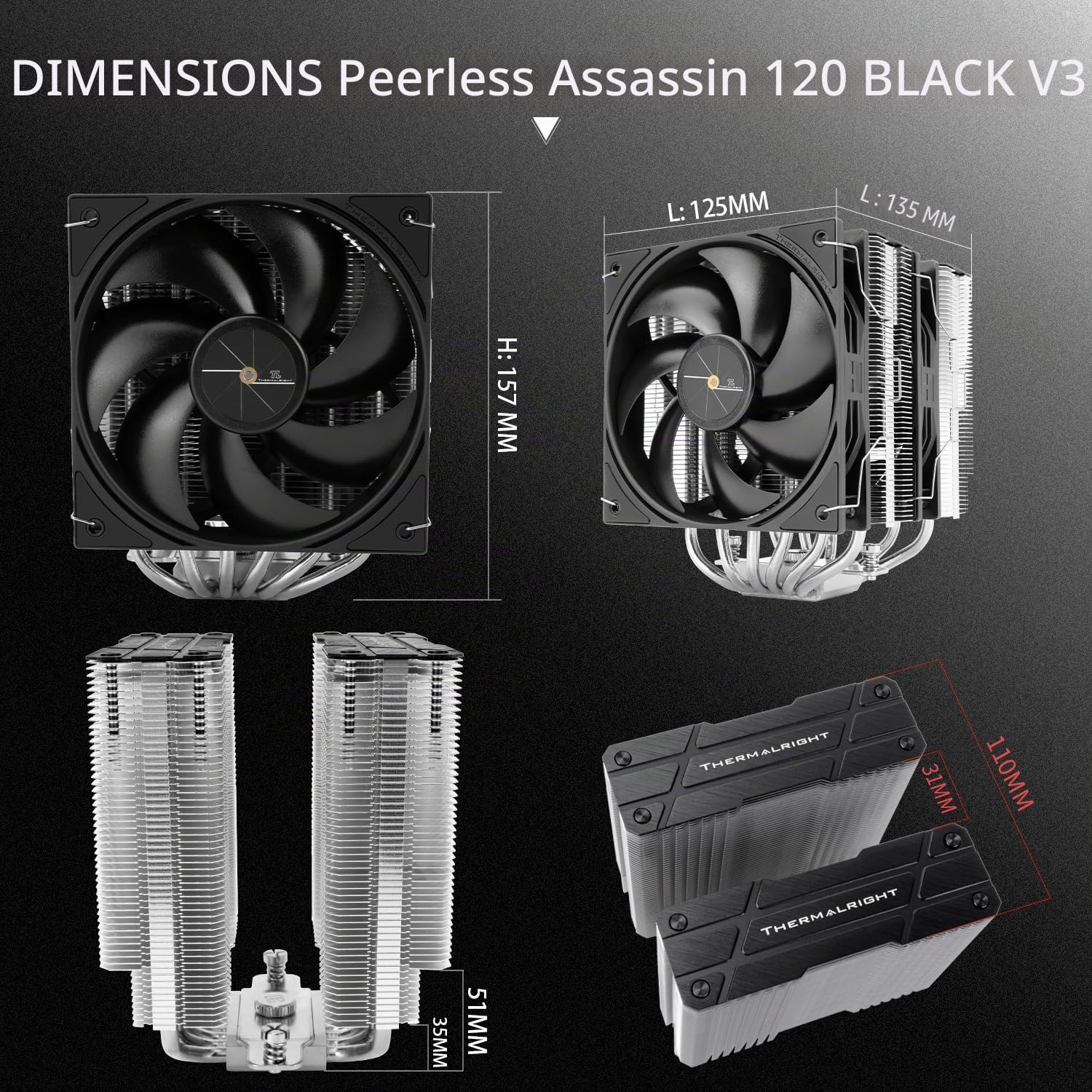 Thermalright Peerless Assassin 120 Black V3 Refroidisseur d'air pour processeur, 6 dissipateurs thermiques avec deux ventilateurs TL-P12 PWM, design top cover, pour AM4/AM5, Intel LGA 1851/1700/115X
