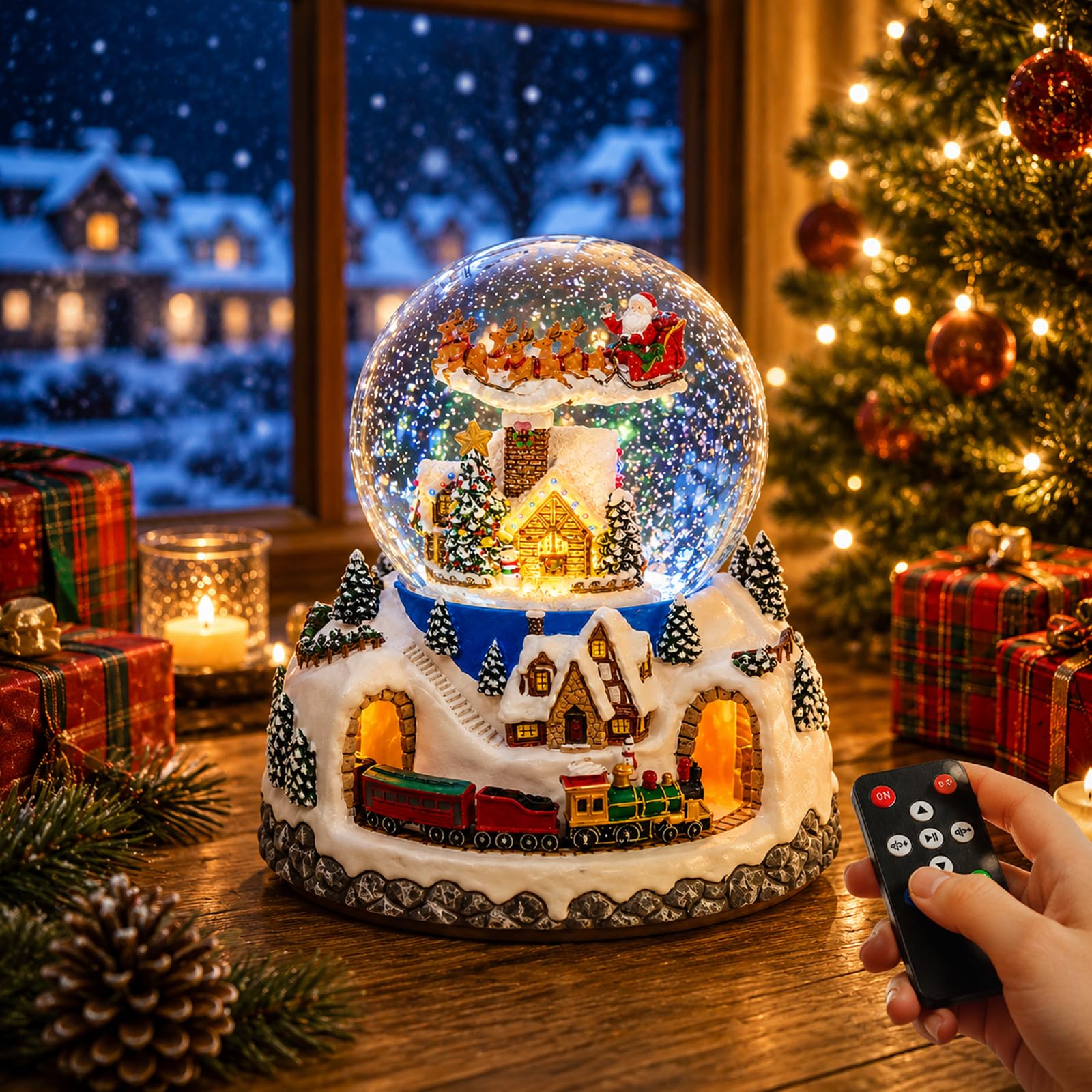 Musical Rotating Santa Claus Flying Over Village,Automatic Snowfall,Train, Christmas Snow Globe Music Box Gifts, for Women Wife Mom Girlfriend Daughter, Xmas Present,Plays 48 Classic Christmas Carols