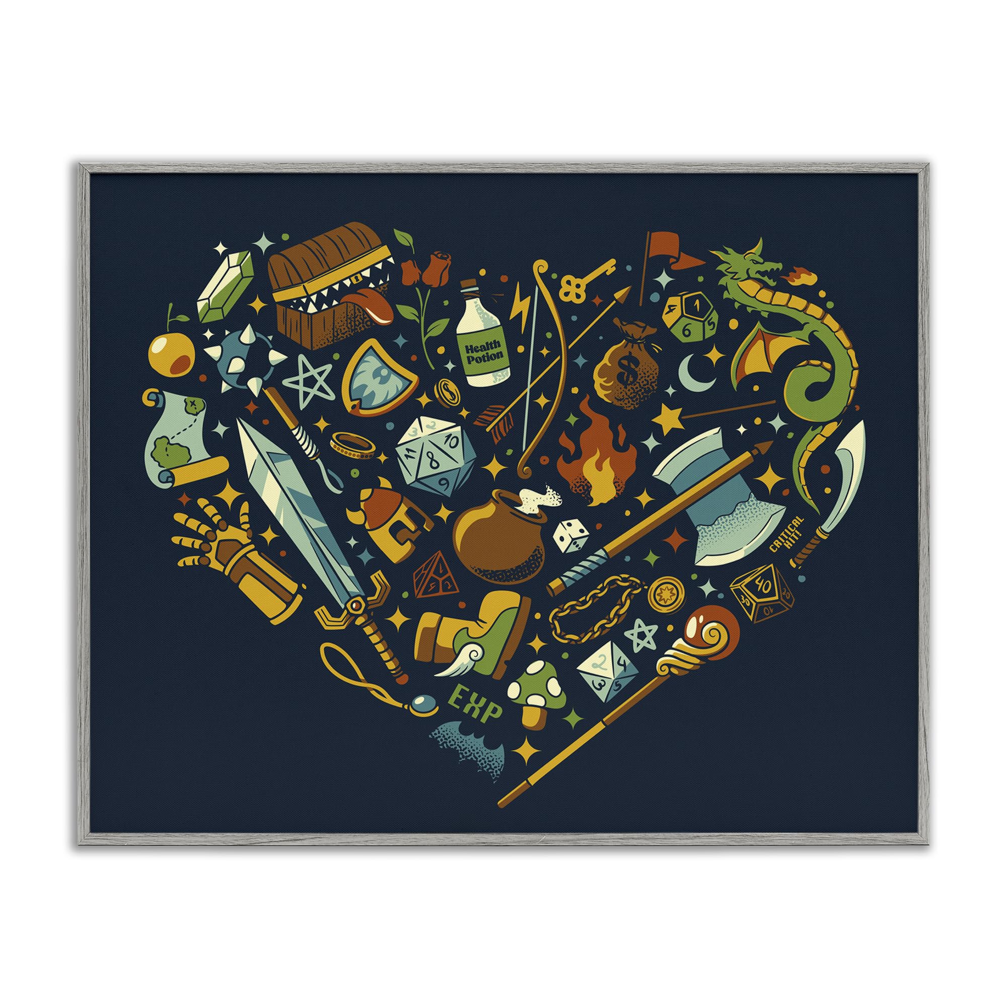 Stupell Industries Dungeon Fantasy Board Game Trinkets with Dragon, Magic, Potion and Treasure, 24 x 30 Inch Framed Giclée Print, by Tobe Fonseca, Made in USA Gift