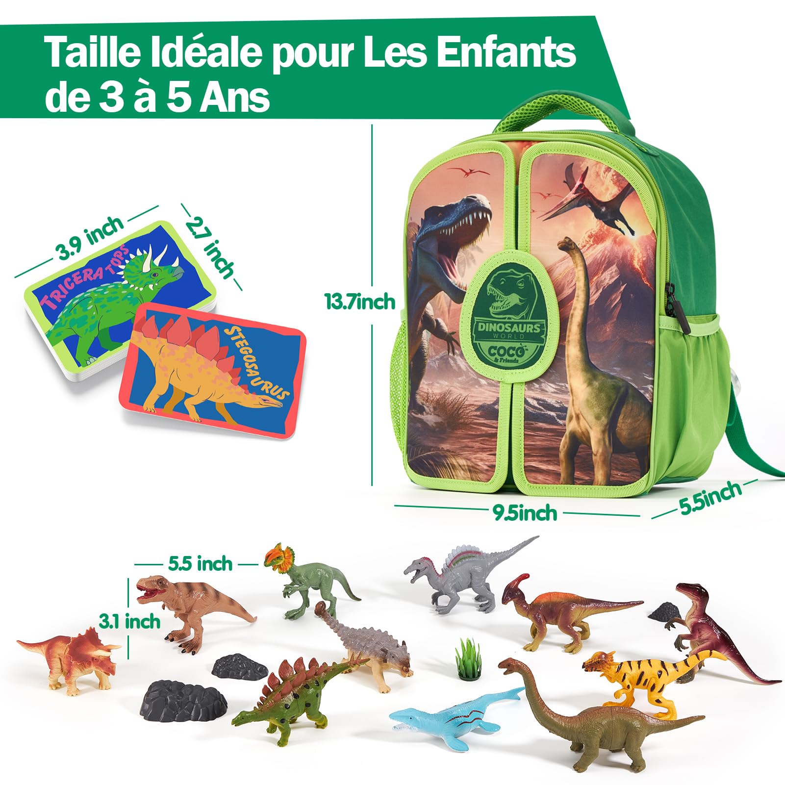 COCO&Friends Dinosaures Jouet pour Enfants 3 - 7 Ans, Sac à Dos Portable avec Tapis de Jeu 3D Pliant, Cadeau pour Enfants Garçons Filles