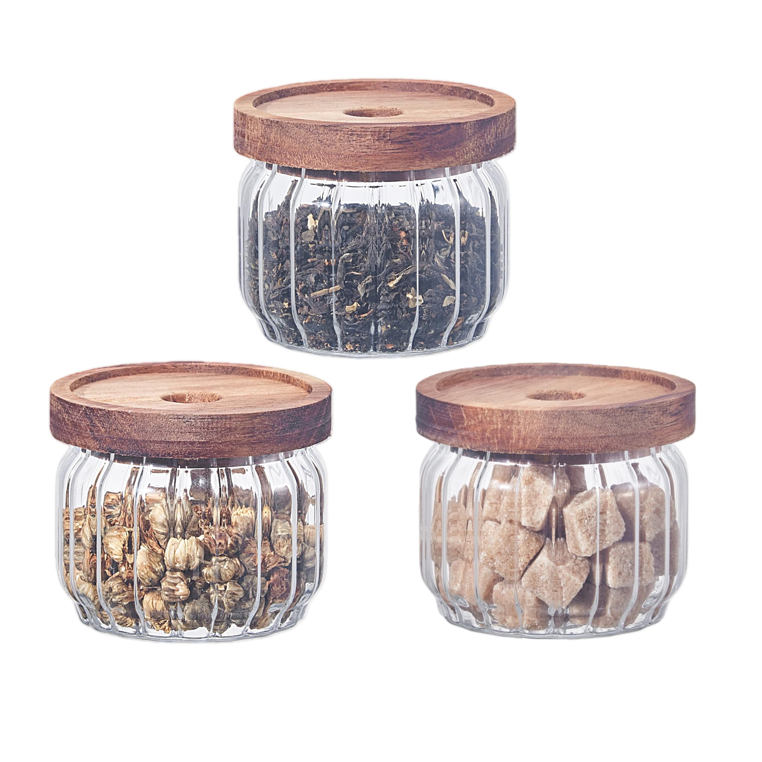 Eden & Willow Transparent Ribbed Airtight Glass Kitchen Storage Jar With Acacia Wooden Lid - Pantry Organisation Canisters For Coffee, Tea, Sugar, Flour, Pasta, Spices, Grains, Oats (3, 300Ml)