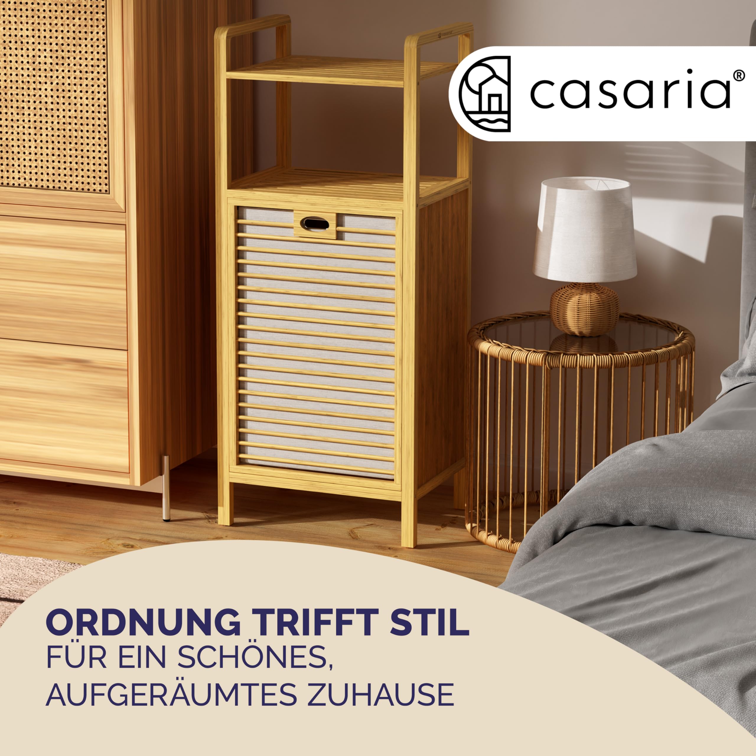 Casaria® Badregal mit Wäschekorb 40 L Wäschesammler Bambus Holz Wäschesack Herausnehmbar 96x40x30cm Groß Badezimmerregal 2 Ablagen Wäschebox Regal