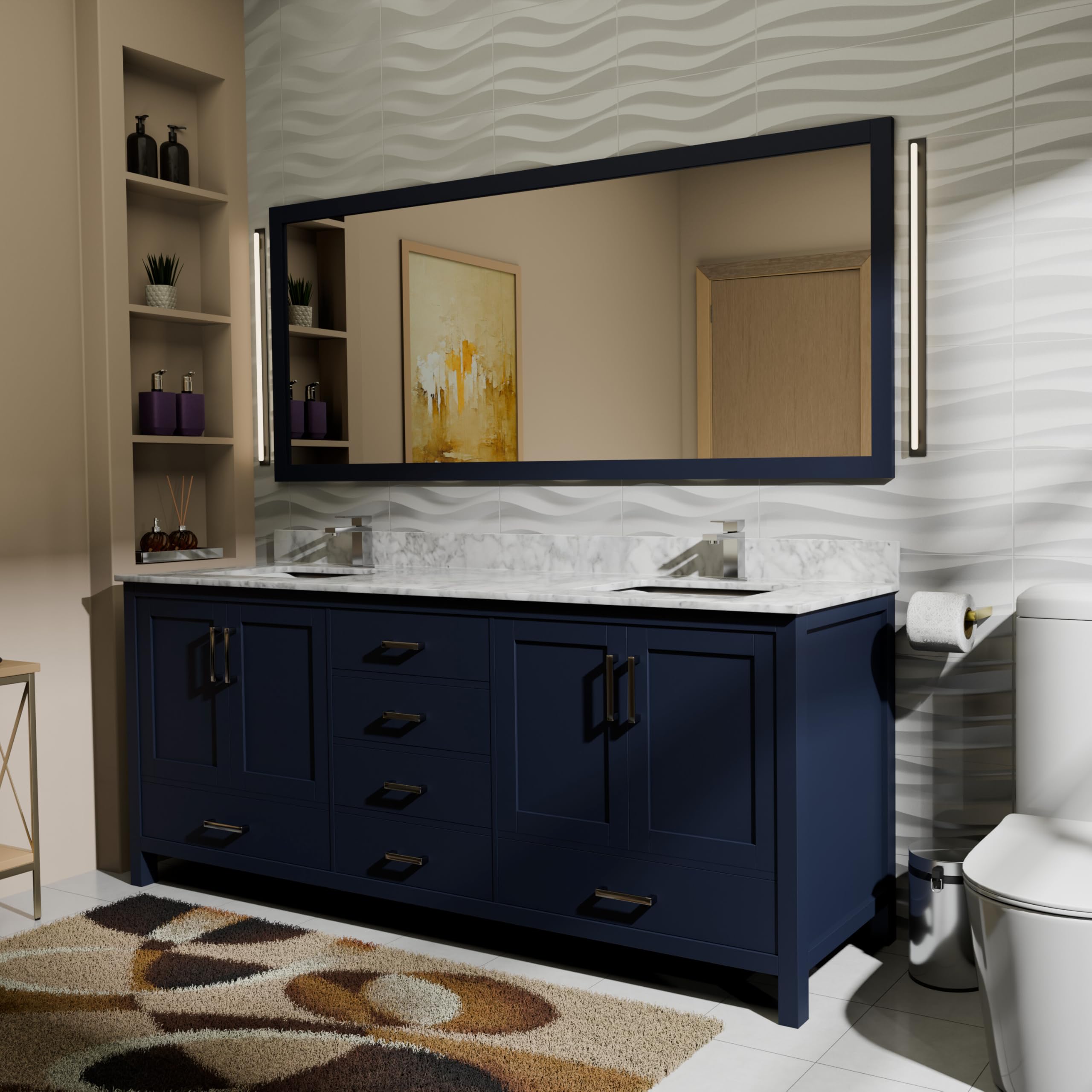 Big Sur 72 in. W x 22 in. D Navy Blue Double Bath Vanity, Carrara Marble Top, Faucet Set and 70 in. Mirror