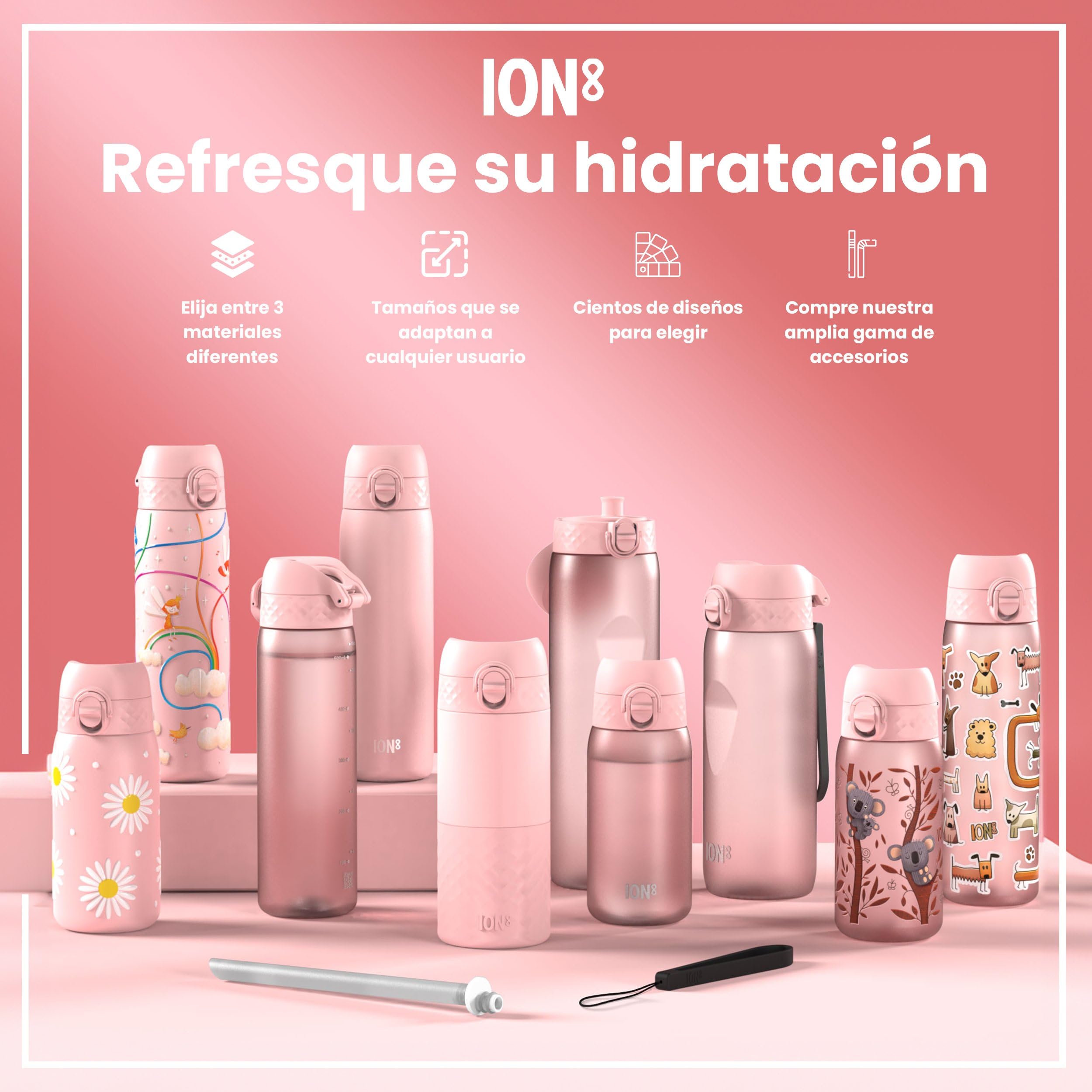 ion8 Botella Agua Inox Ligero para Niños, 400ml, Sin Aislamiento, a Prueba de Fugas, Fácil de Abrir, Cerradura Segura, Apta para Lavavajillas, Tapa Abatible, Fácil de Limpiar, Arcoíris