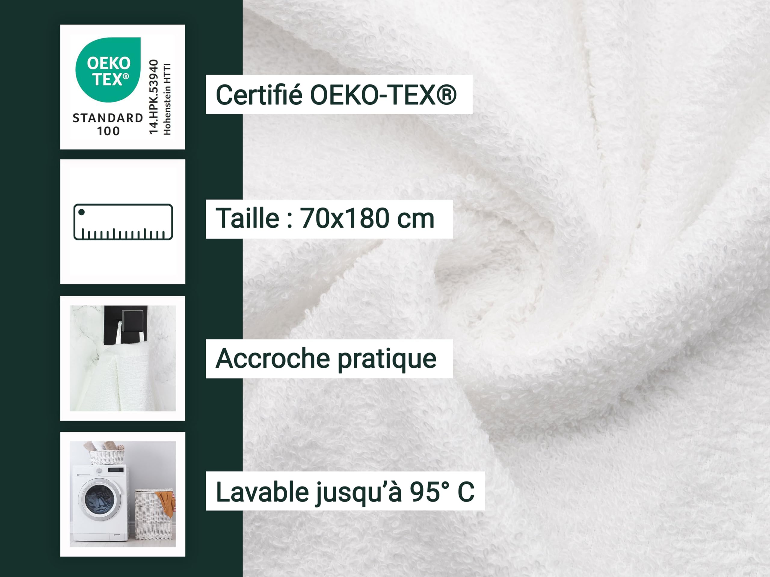 ZOLLNER Lot de 4 Serviettes de Sauna, mélange de Coton, 70x180 cm, Blanc