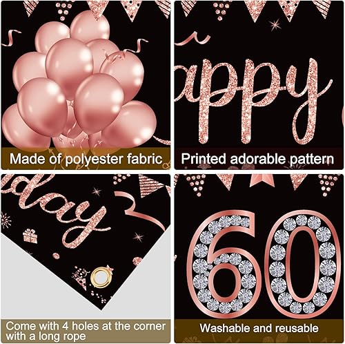 Miniatura 6 de Yoaokiy Cartel de feliz cumpleaños 60 para mujer, suministros de fiesta de cumpleaños de 60 años de oro rosa, decoración de fondo para interiores y