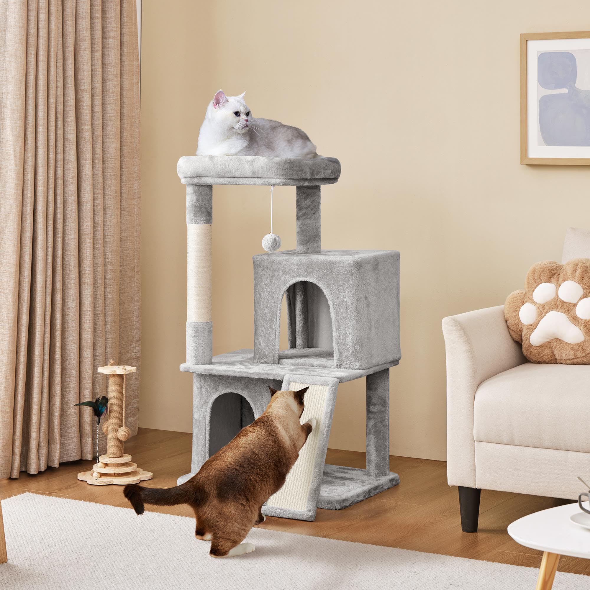 Yaheetech Tiragraffi Albero per Gatti con Trespolo Grande 106 cm Gioco Giocattolo per Gatti Grigio Chiaro | truciolato certificato FSC, salvaspazio, cinghia anti-ribaltamento, centro per affilare gli artigli, ampio spazio per dormire