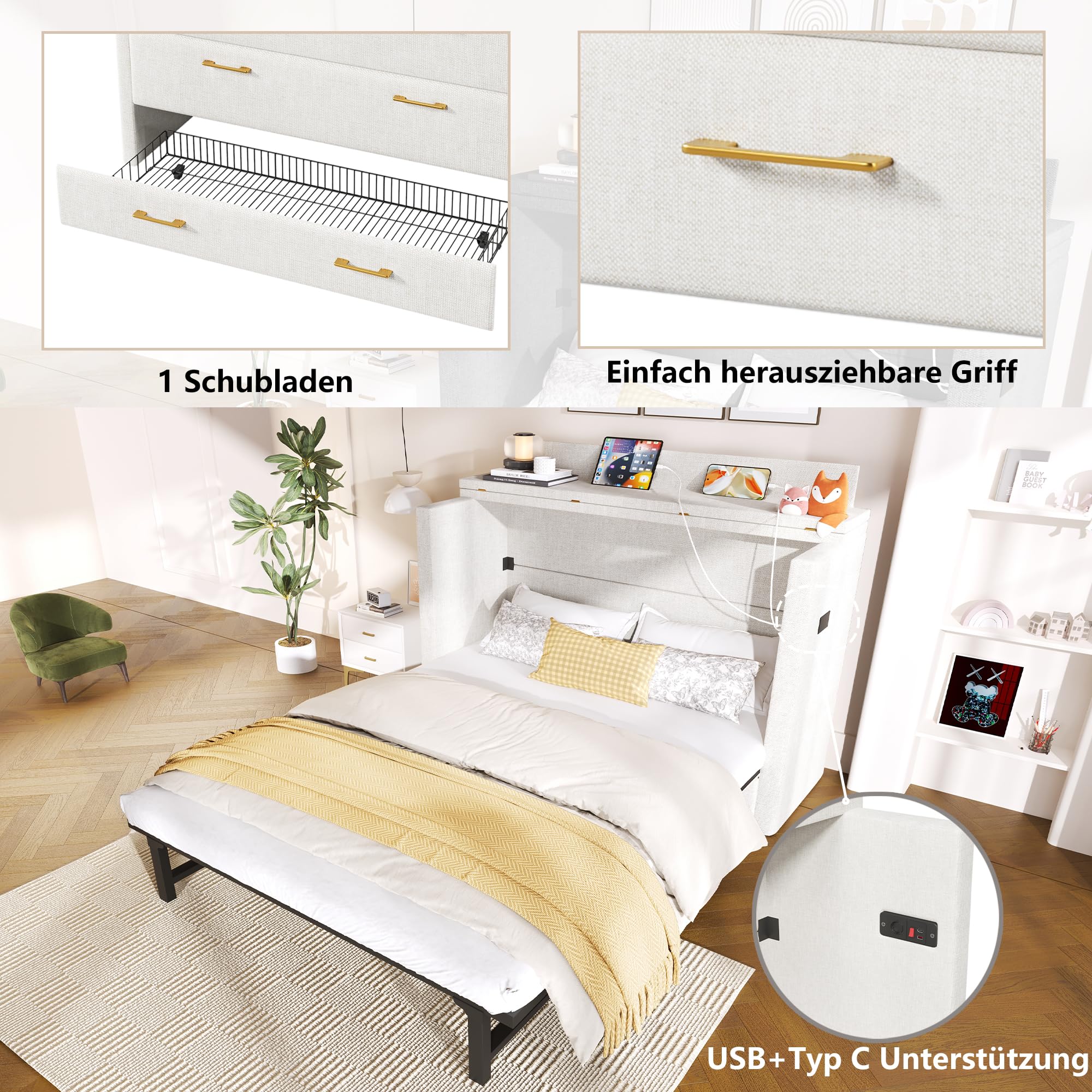 Armario cama de 140 x 200 cm, con un cajón, cama móvil con compartimento de almacenamiento junto a la cama, con conexiones USB y tipo C, cama con plataforma convertible, sin colchón, lino