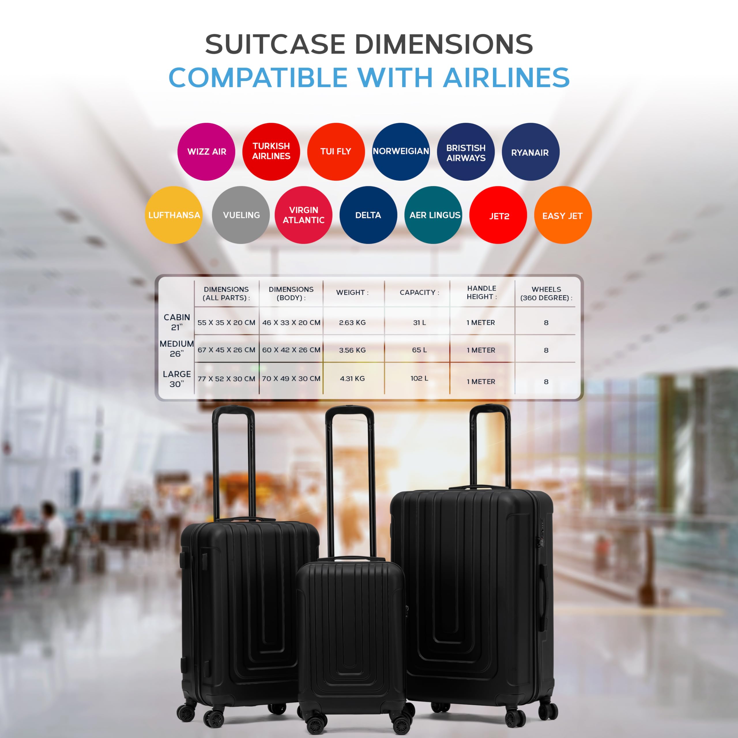 Flight Knight Premium Lightweight Suitcase - Built-in TSA Lock - 8 Spinner Wheels - ABS Hard Shell Carry On Or Check in Luggage - Highly Durable - Approved for Over 100 Airlines