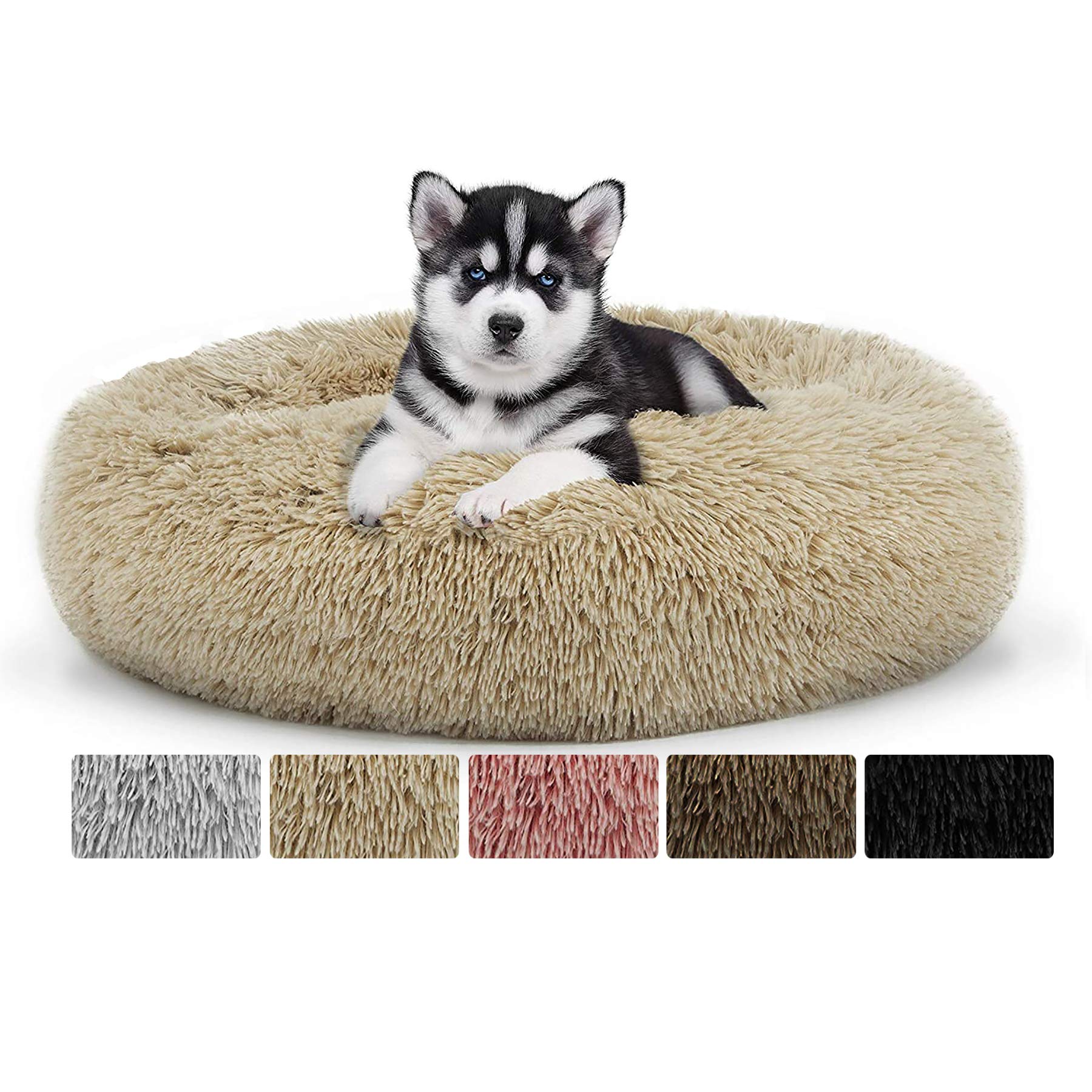 Haoye Cama para Mascotas Deluxe Plush Redonda de Pelo Nido de Donut con Cojín Perro Invierno Portátil Cálido Suave y cómodo Perrera Profundo Adecuado para Perros y Gatos Grandes - Caqui Ø 110cm