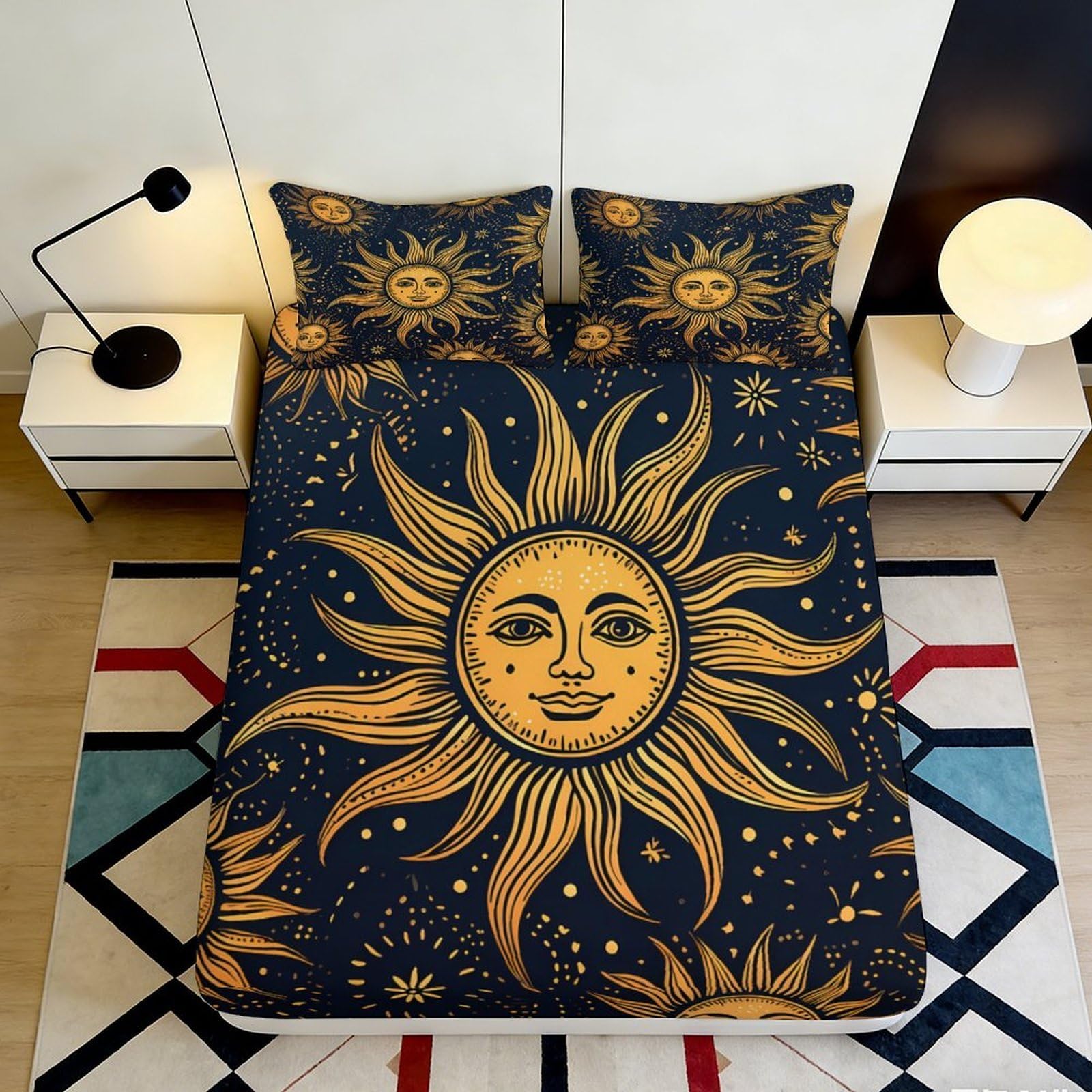3D Printed Sun and Moon Pattern Fitted Sheet Microfiber Soft Durable Celestial Design Mattress Cover for Bedroom Dormitory Guest Room Protection 140x200x25cm