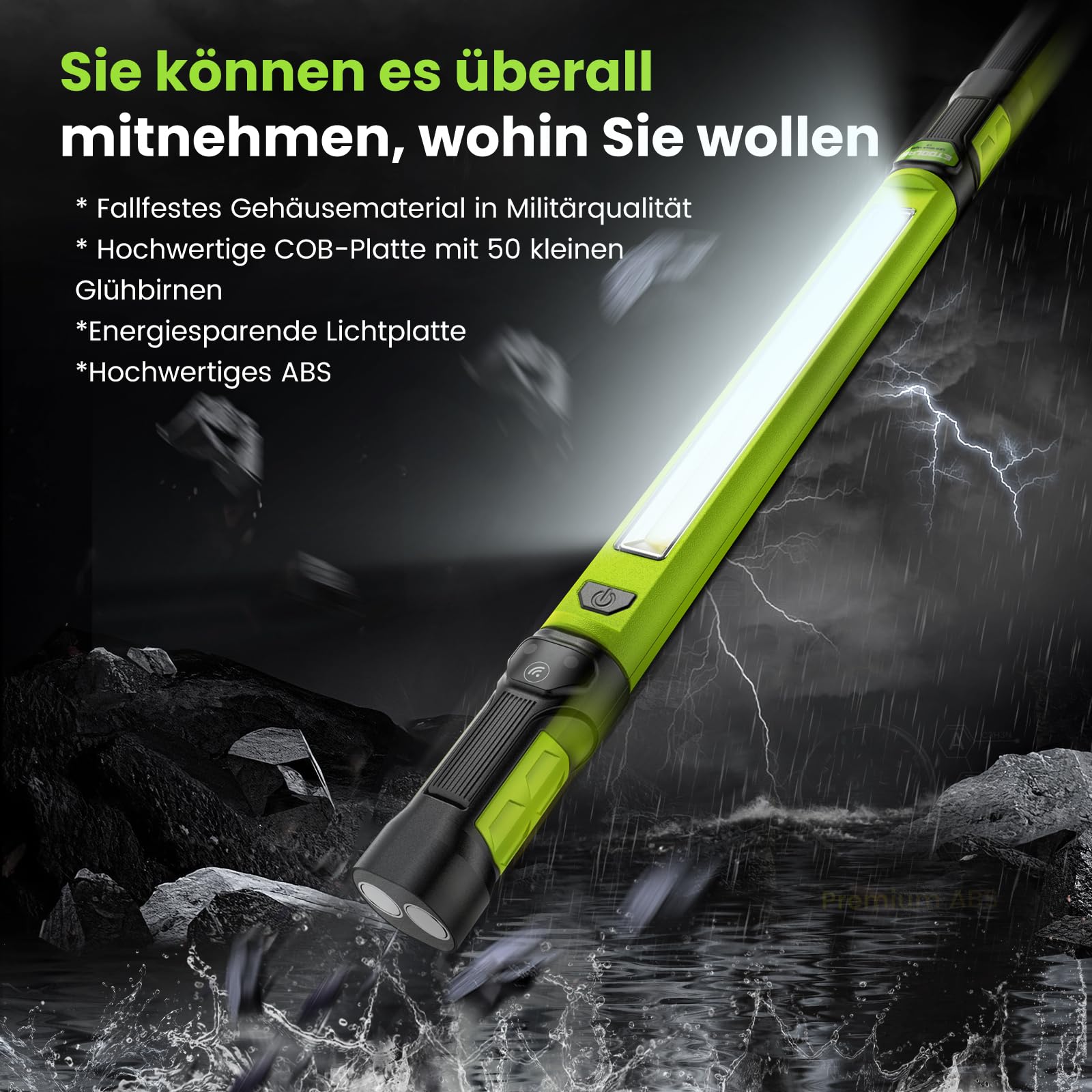Lampe d'atelier LED ETOOLAB - 5200 mAh - Véritable 1200 lm - Lampe de compartiment moteur avec aimants - Projecteur de chantier - Crochet à 360° - Capteur de présence - Pour camping, chantier, garage,