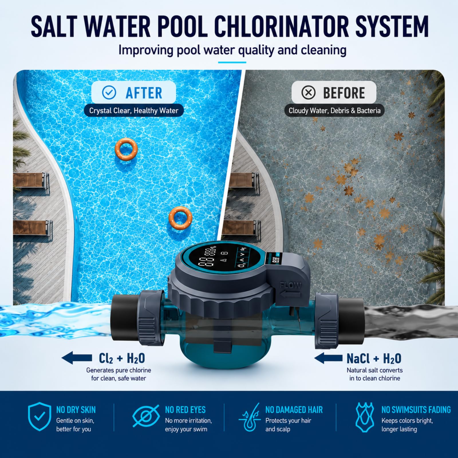 Sistema inteligente de clorador de piscina de agua salada, generador automatizado de cloro salado con control por aplicación, celda de titanio, operación con un solo toque y bajo mantenimiento, para