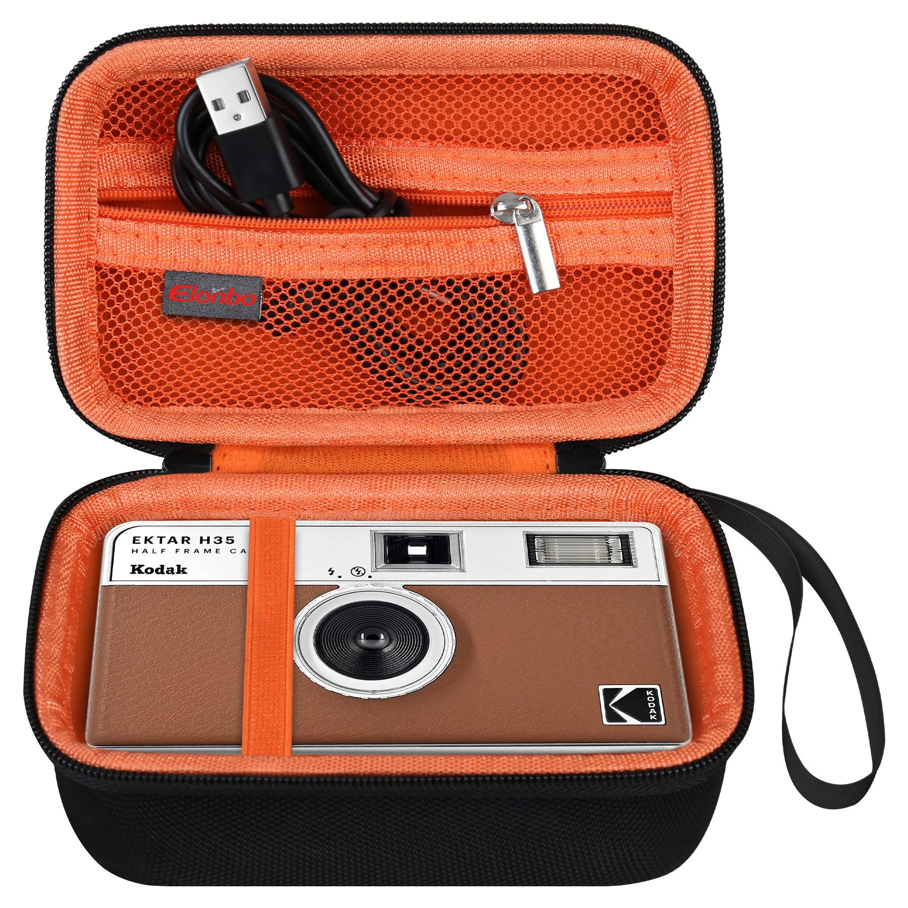 Carrying Case for KODAK EKTAR H35 Half Frame/KODAK EKTAR H35N Half Frame/Kodak M35 / M38 / Ultra F9 Film Camera, Camera Travel Storage Cover Bag, Mesh Pocket fits Film Roll, Black+ Orange