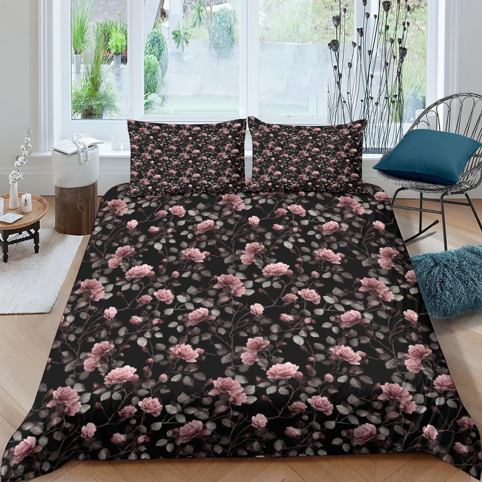 TUFRTGYHN 3D Printed Pink Floral Duvet Cover Microfiber Soft Breathable Black Blossom Bedding Set with 2 Pillowcases for Bedroom Decor Single（135x200cm）