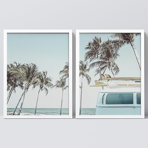 SIGNWIN Juego de galería de collage enmarcado, minivan vintage, tablas de surf y palmeras de playa, juego de 2 impresiones de decoración de pared de
