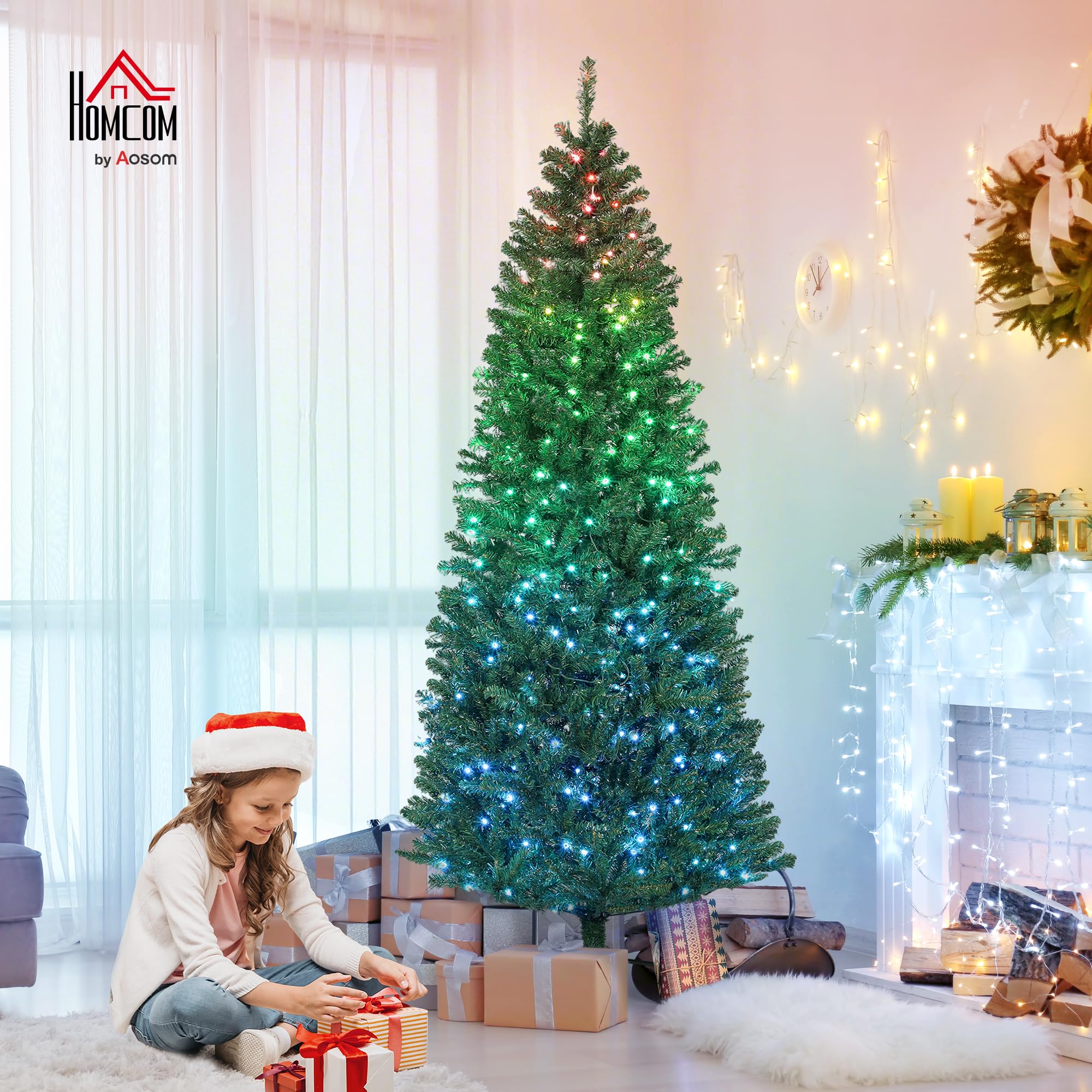 HOMCOM Sapin de Noël Artificiel 180 cm LED Synchronisées Colorées Vert