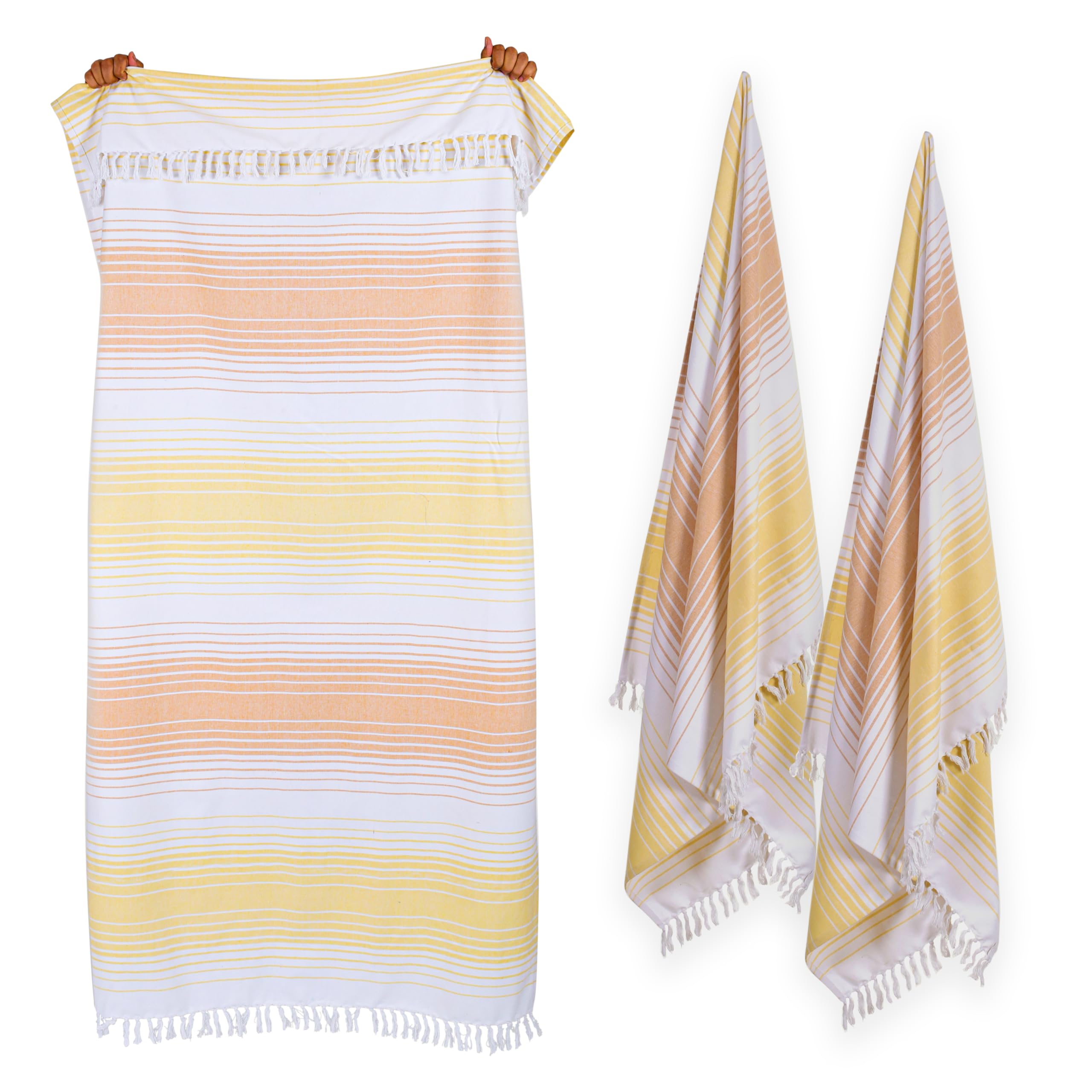 Native Fab 100% Cotton Peshtemal Turkish Bath and Beach Towels Set of 2, Large 40x71 Travel Sarong Gym Pool Spa Towels, Ultra Soft Quick Dry Absorbent Fouta Hammam Peshtemal Towels Yellow